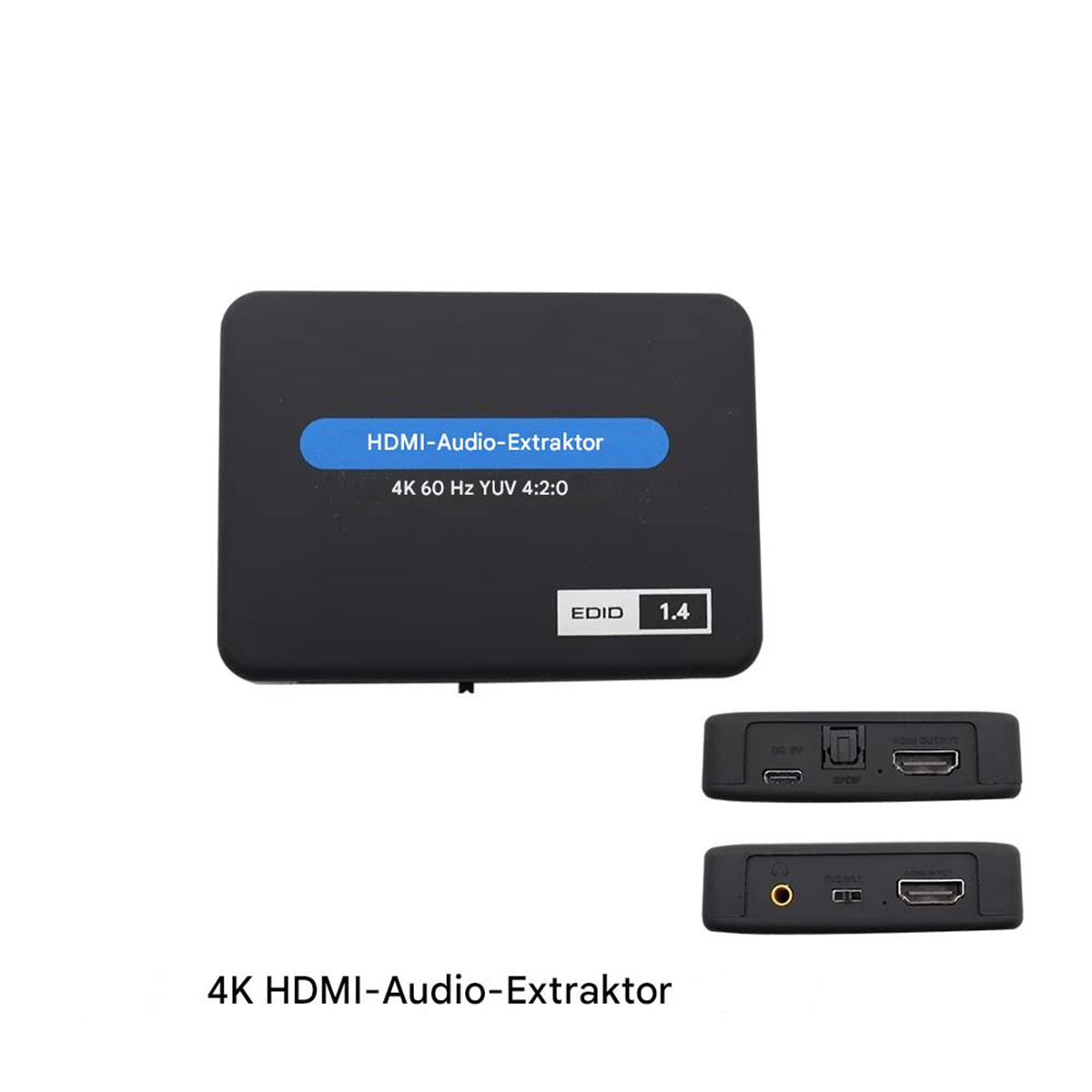 Schwarzes 4K-HDMI-Audio-Extraktor-Gerät, mit sichtbaren Ein- und Ausgängen. Es hat Text darauf.