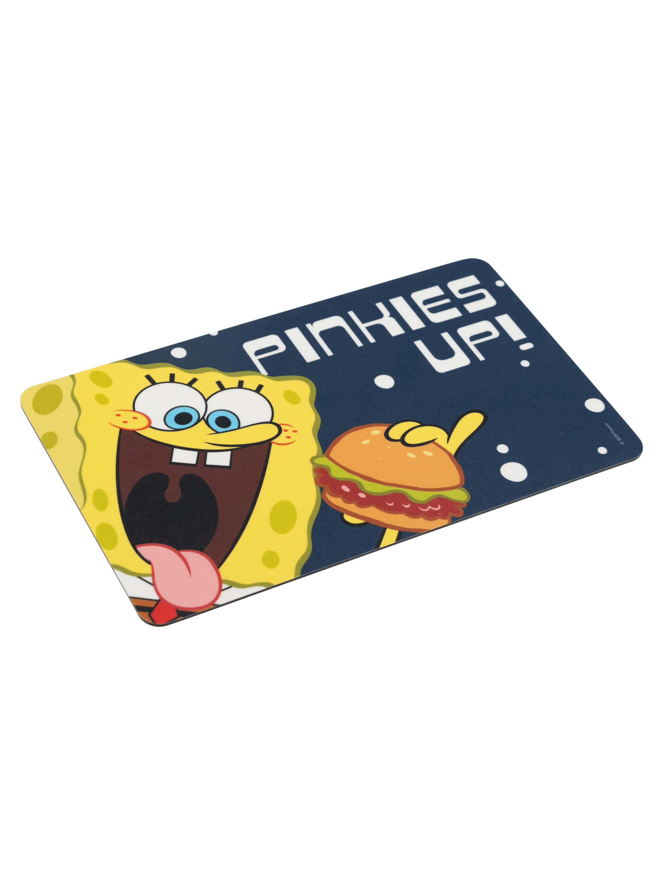 SpongeBob Schwammkopf-Matte mit SpongeBob, der einen Burger hält, Text: PINKIES UP! Marineblauer Hintergrund.