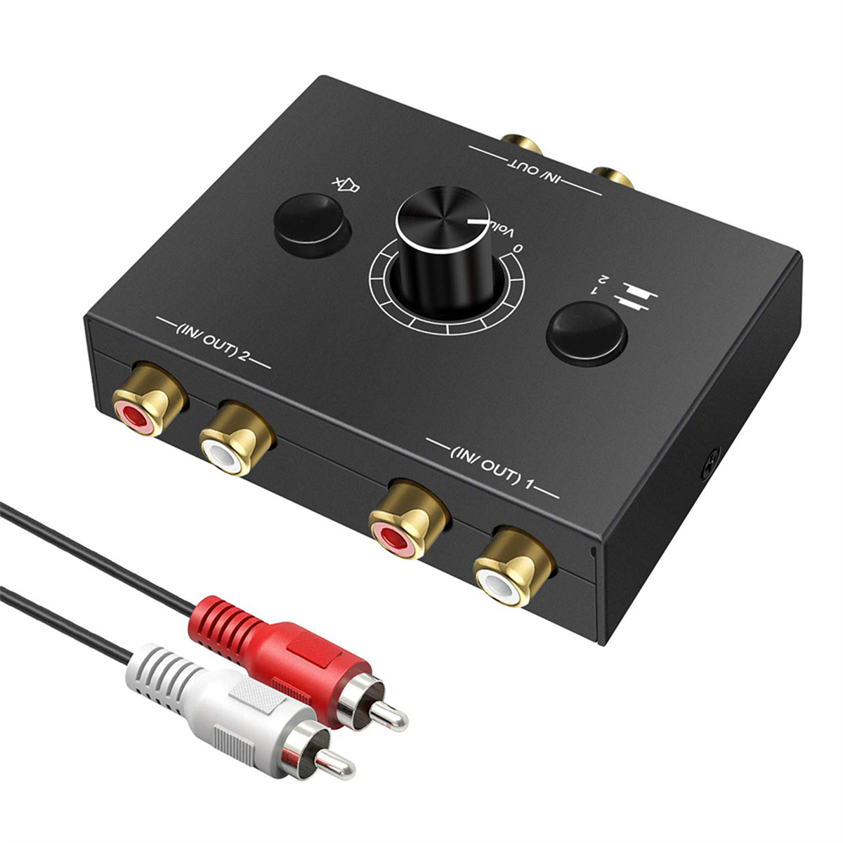 Schwarzer Audioschalter mit Cinch-Anschlüssen und einem Lautstärkeregler. Zwei Cinch-Kabel sind angeschlossen.