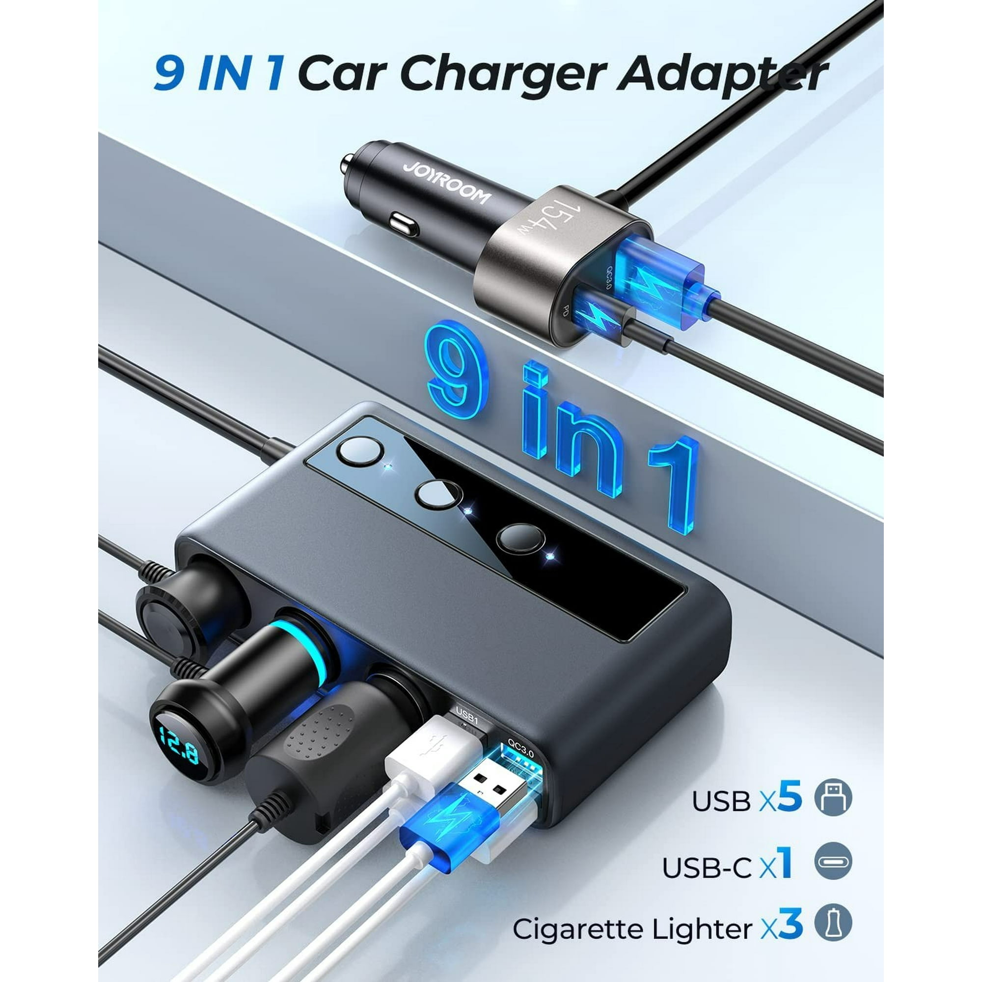 Auto-Ladegerät-Adapter mit mehreren USB- und Zigarettenanzünder-Anschlüssen. Schwarzes und silbernes Design.