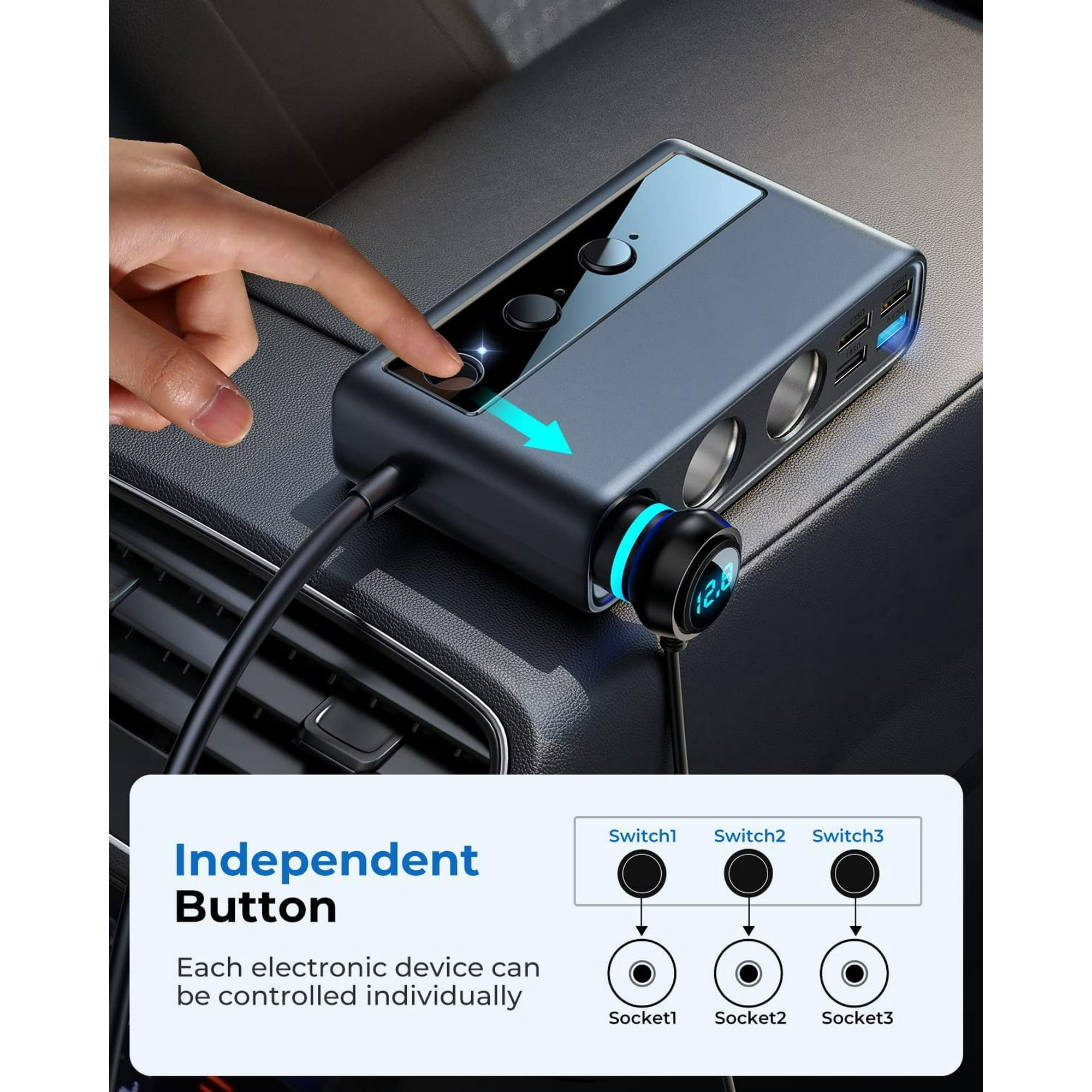 Autoladegerät mit mehreren Anschlüssen und digitaler Anzeige. Eine Hand drückt die Ein-/Aus-Taste.