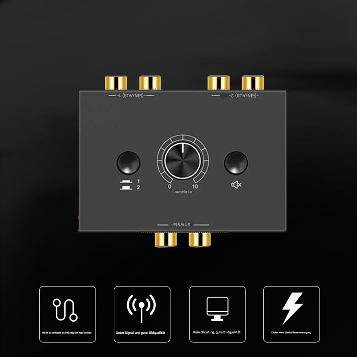 Schwarzes Audiogerät mit Goldanschlüssen, einem Lautstärkeregler und Bedientasten.
