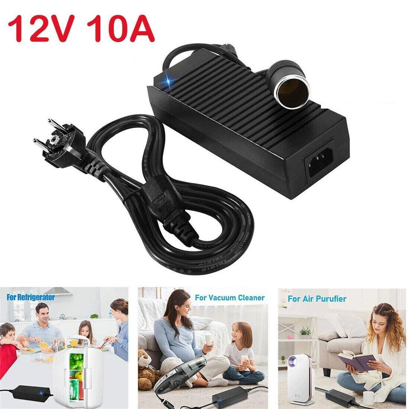 Schwarzer Netzadapter mit Stecker und Kfz-Steckdose, dargestellt mit Geräten.