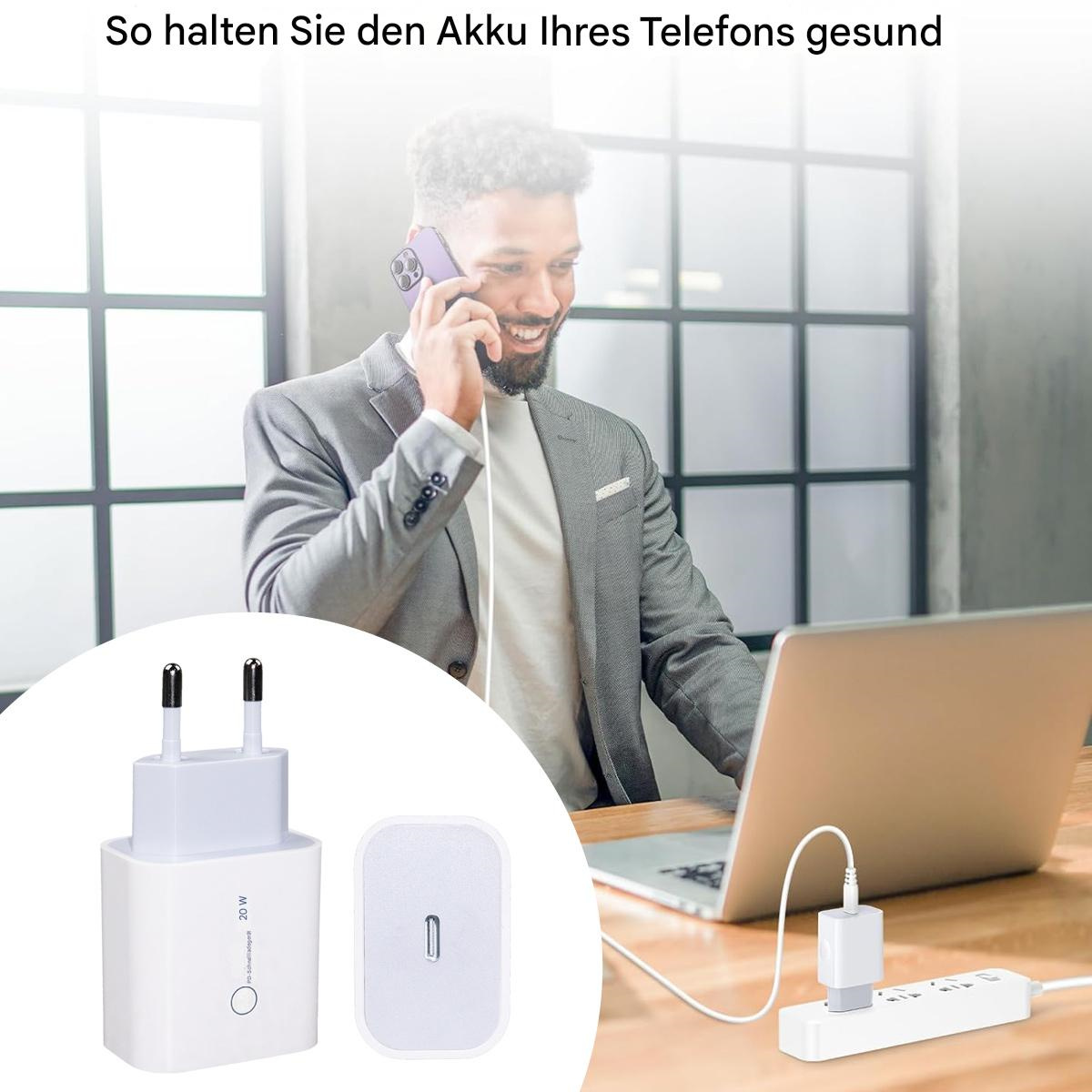 Mann benutzt Telefon und Laptop; Ladegerät links.