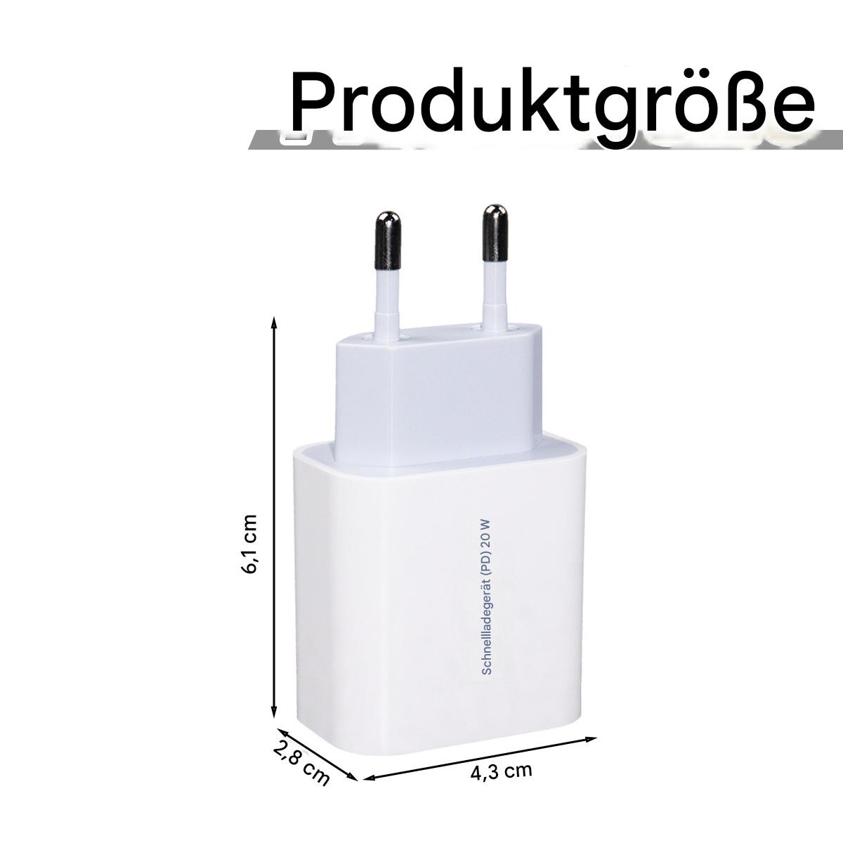 Weißes Ladegerät mit Abmessungen. Text: Produktgröße.