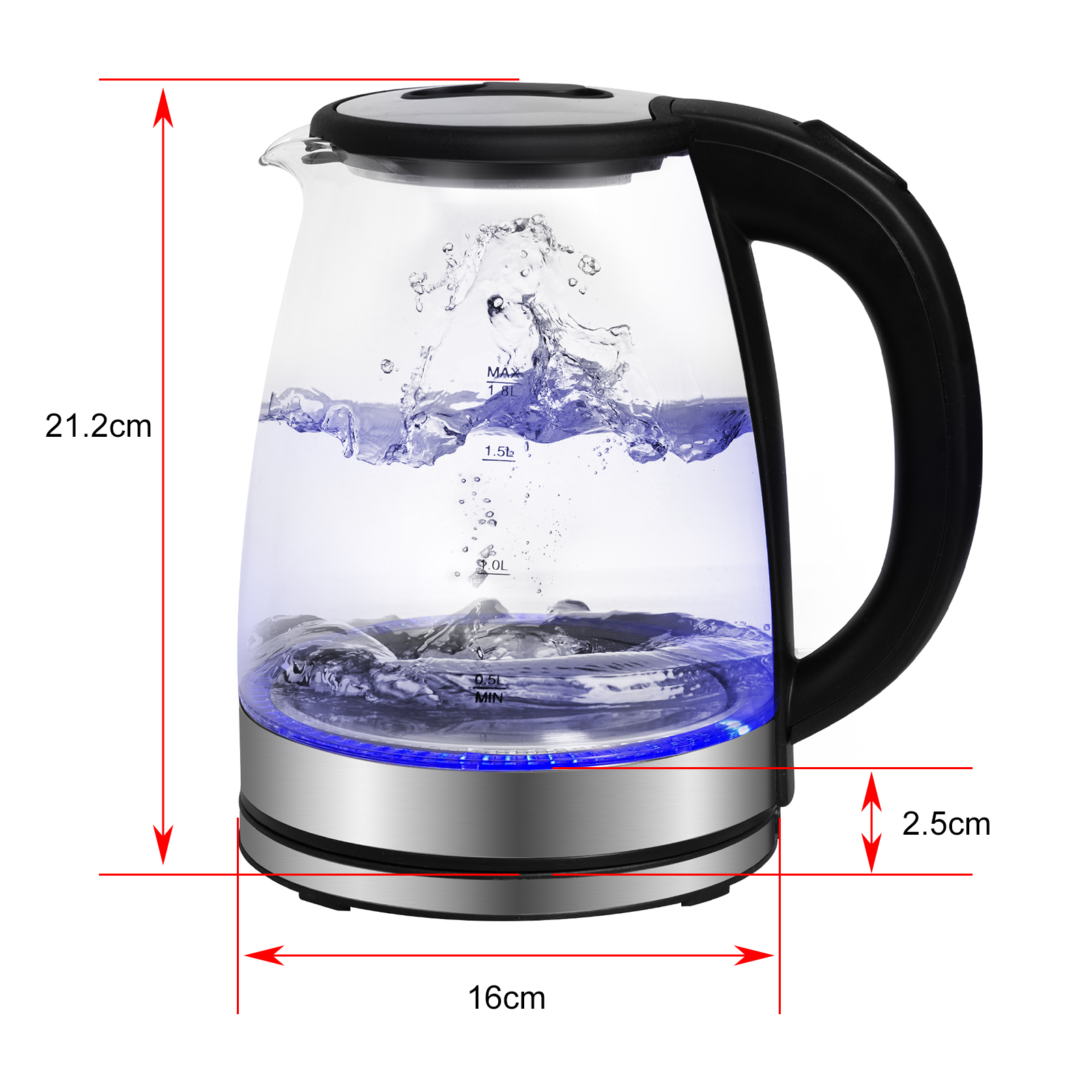 Glaskessel mit Abmessungen. Wasser innen, blaues Licht.