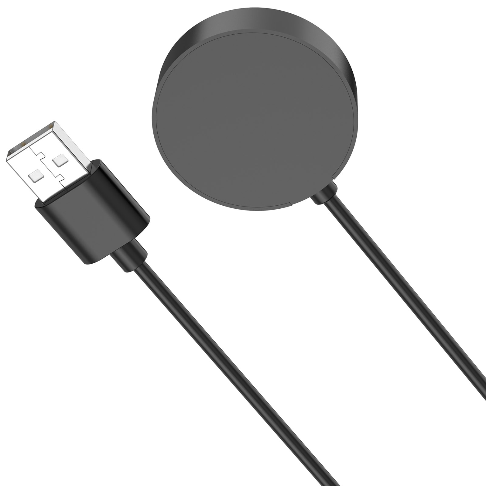 Base di ricarica nera e un cavo nero con connettore USB.