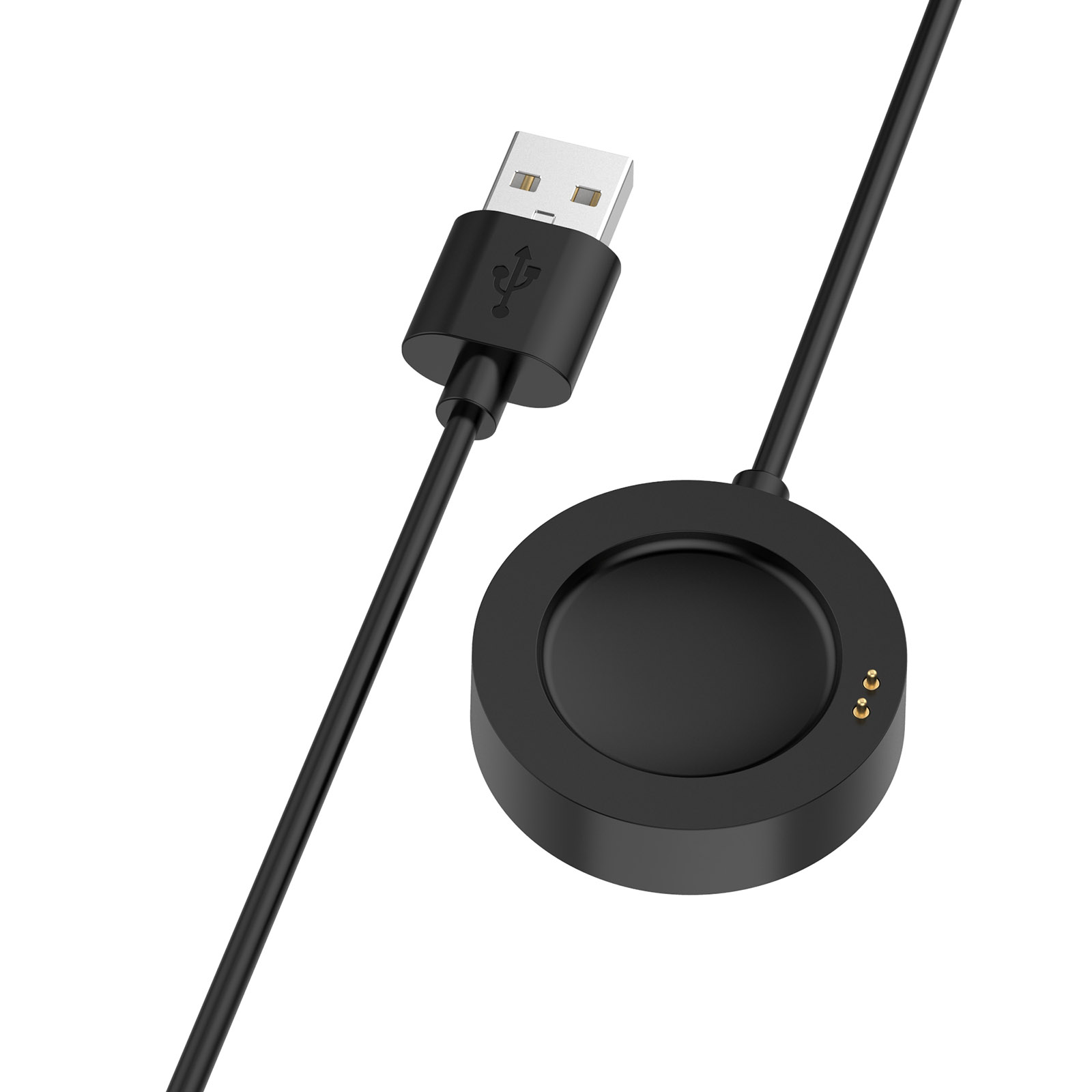 Base di ricarica nera con pin dorati, cavo nero e connettore USB.