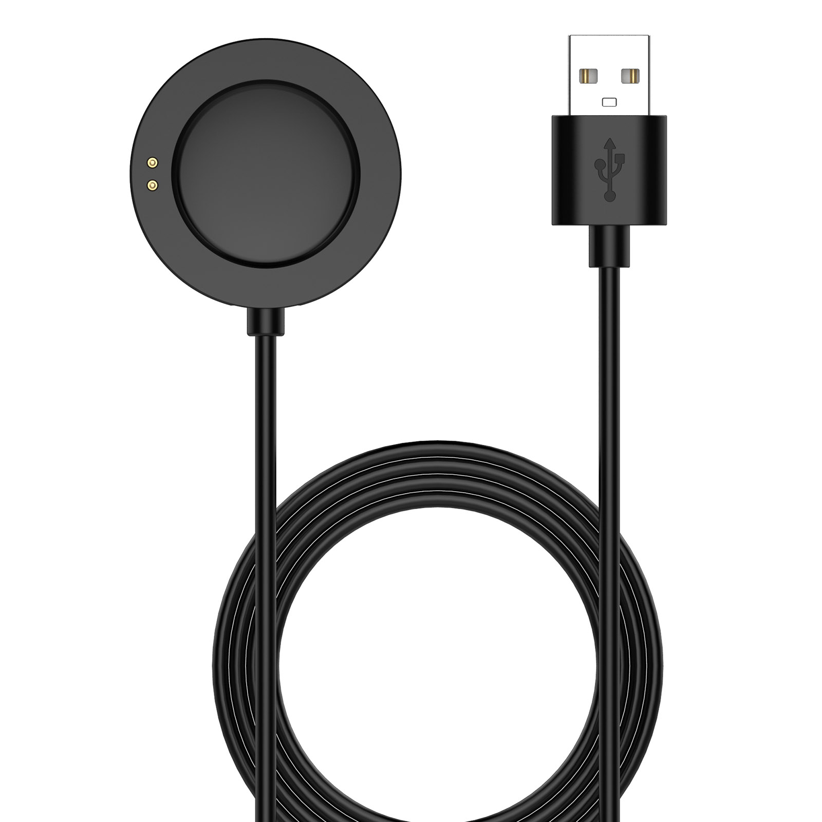 Un caricatore per smartwatch nero, rotondo con due punti oro e un cavo USB.