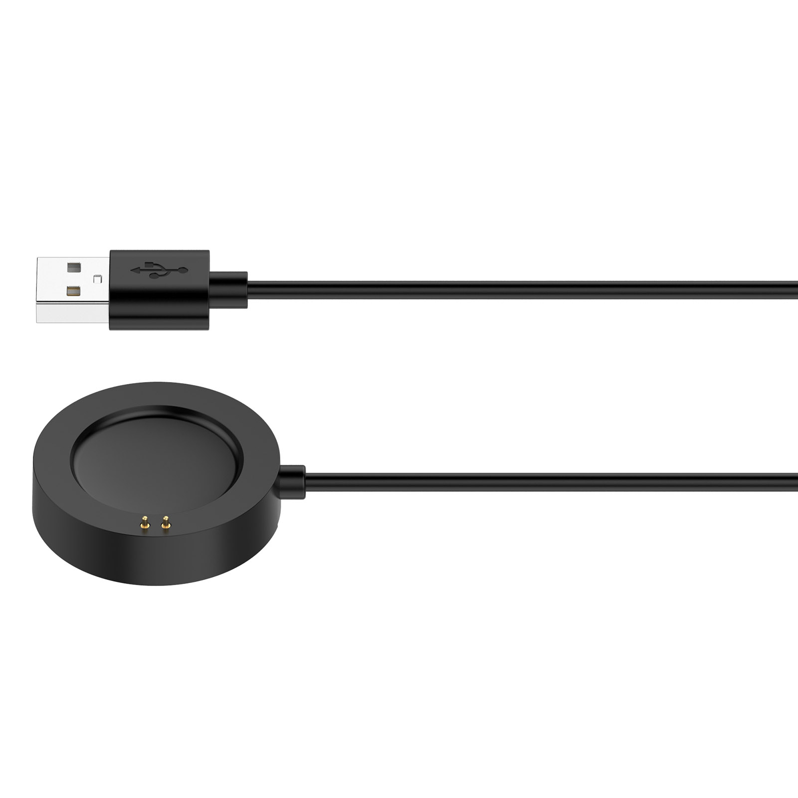 Base di ricarica nera con connettore USB e cavo nero.