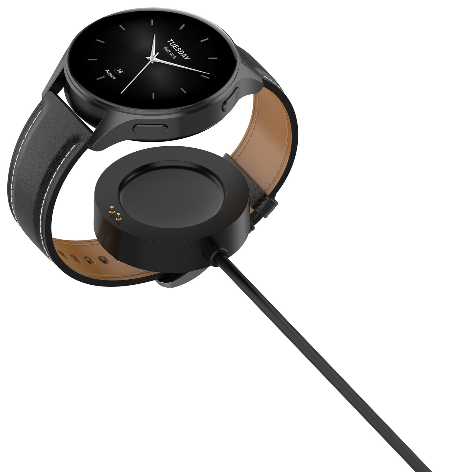 Smartwatch nero su base di ricarica nera con cavo nero. Cinturino in pelle marrone. Mostra ora e data.
