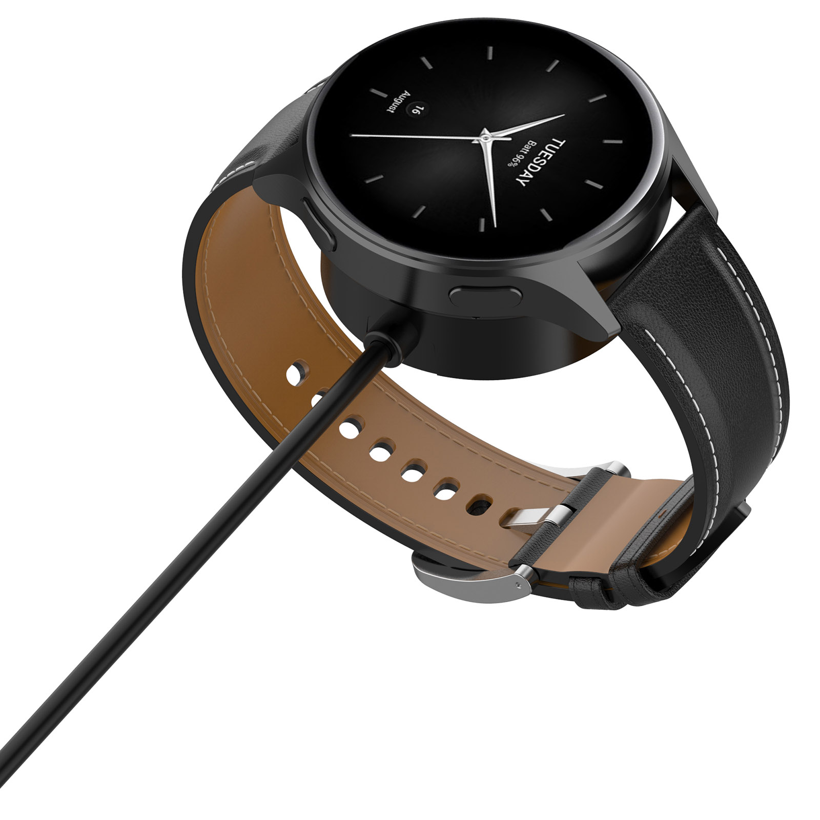 Smartwatch nero in carica. Cavo nero collegato all'orologio. Cinturino in pelle nera. Mostra ora e data.