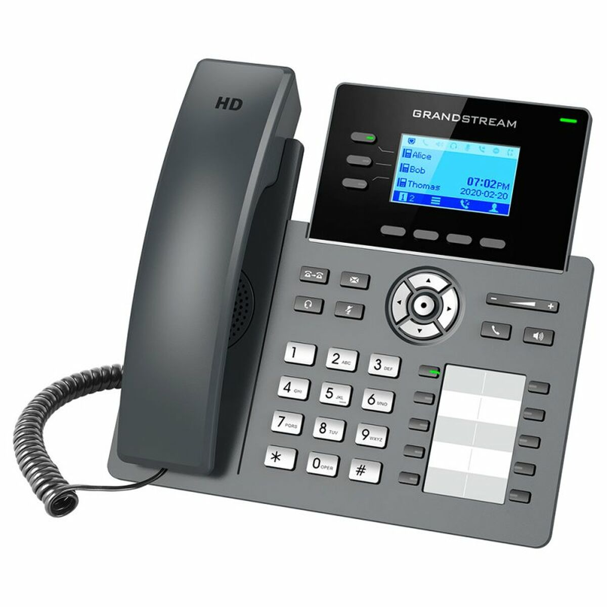 Graues Grandstream IP-Telefon mit Bildschirm, der Zeit und Anrufe anzeigt, isoliert auf Weiß.
