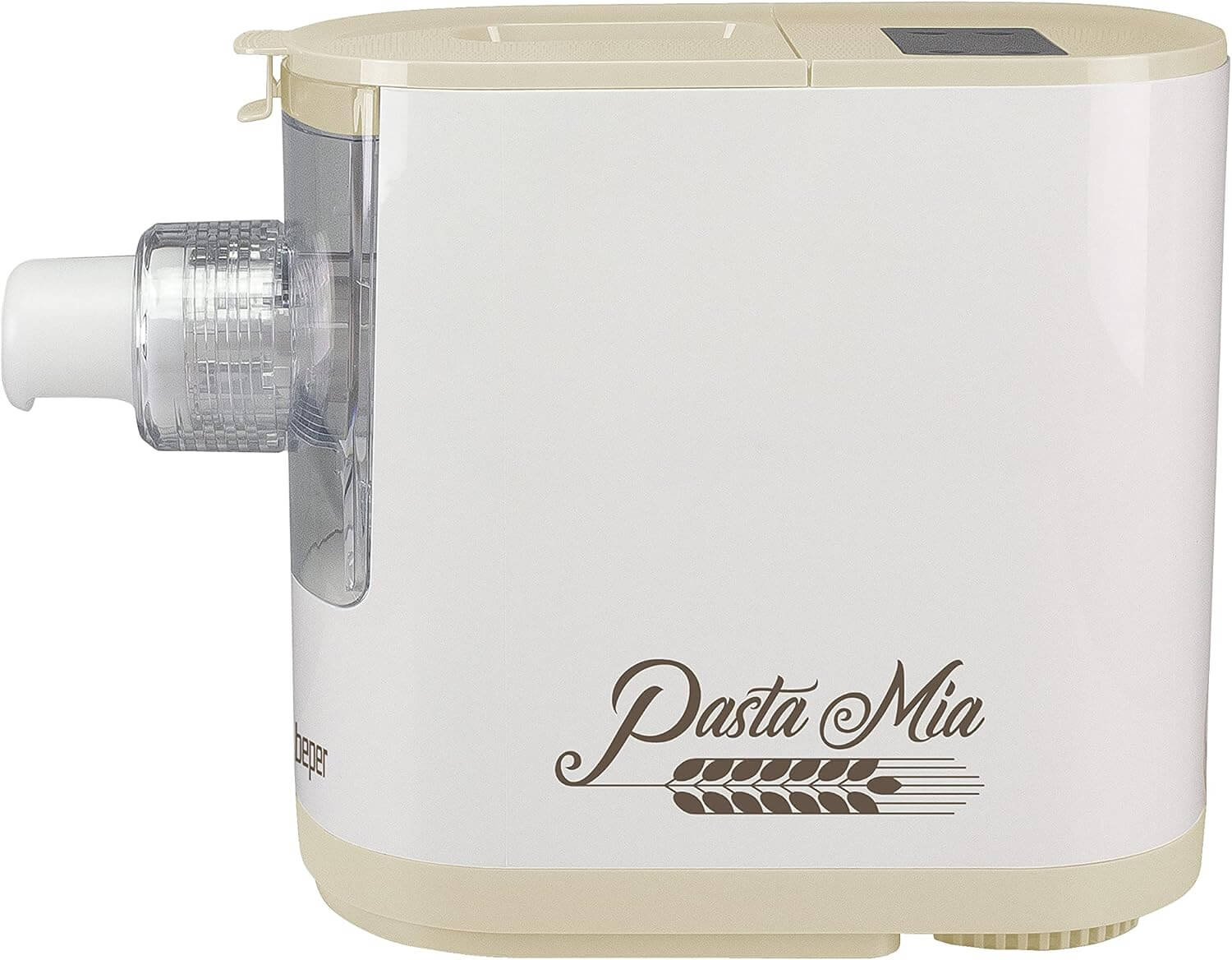 Weiß-beiger Pastamaker. Transparente Kammer auf der linken Seite. Brauner Text "Pasta Mia" und Weizen.