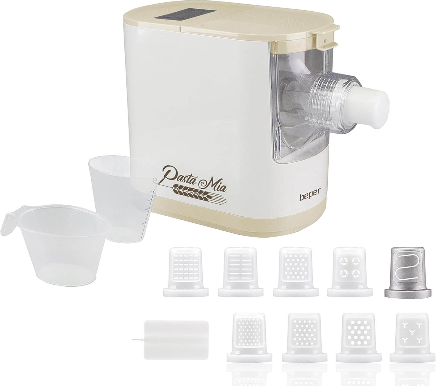 Weiß-beiger Pastamaker mit Zubehör. Inklusive Messbecher und verschiedene Pastaförmchen.