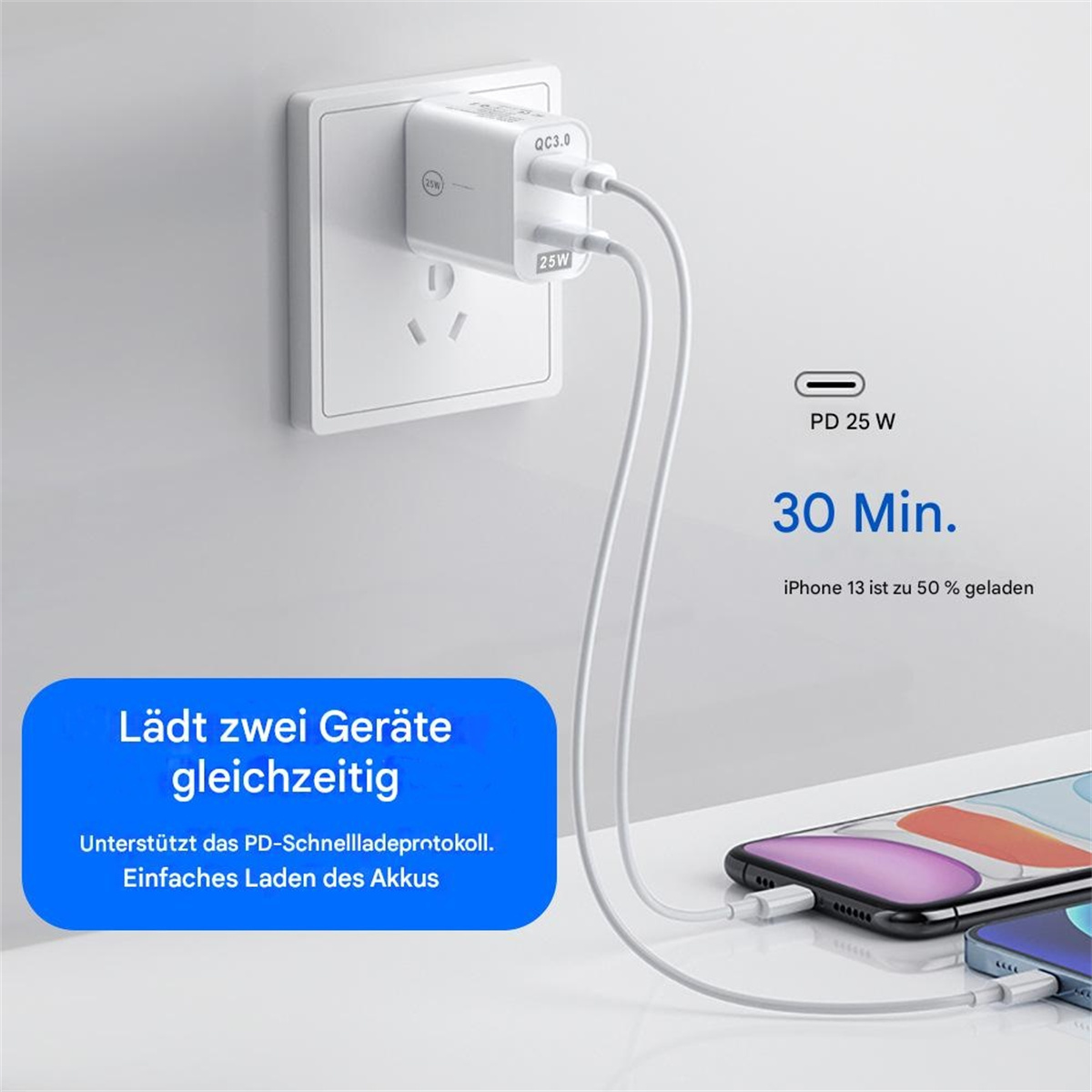Telefon wird mit einem weißen Ladegerät aufgeladen, mit Text zum Schnellladen.