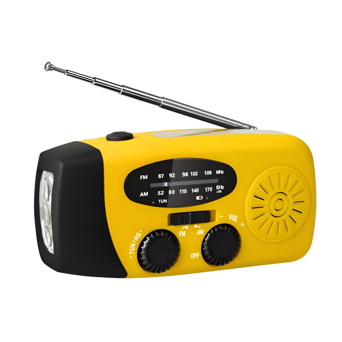 Gelb-schwarzes Notfallradio mit Taschenlampe, Knöpfen und einem Abstimmrad auf weißem Hintergrund.