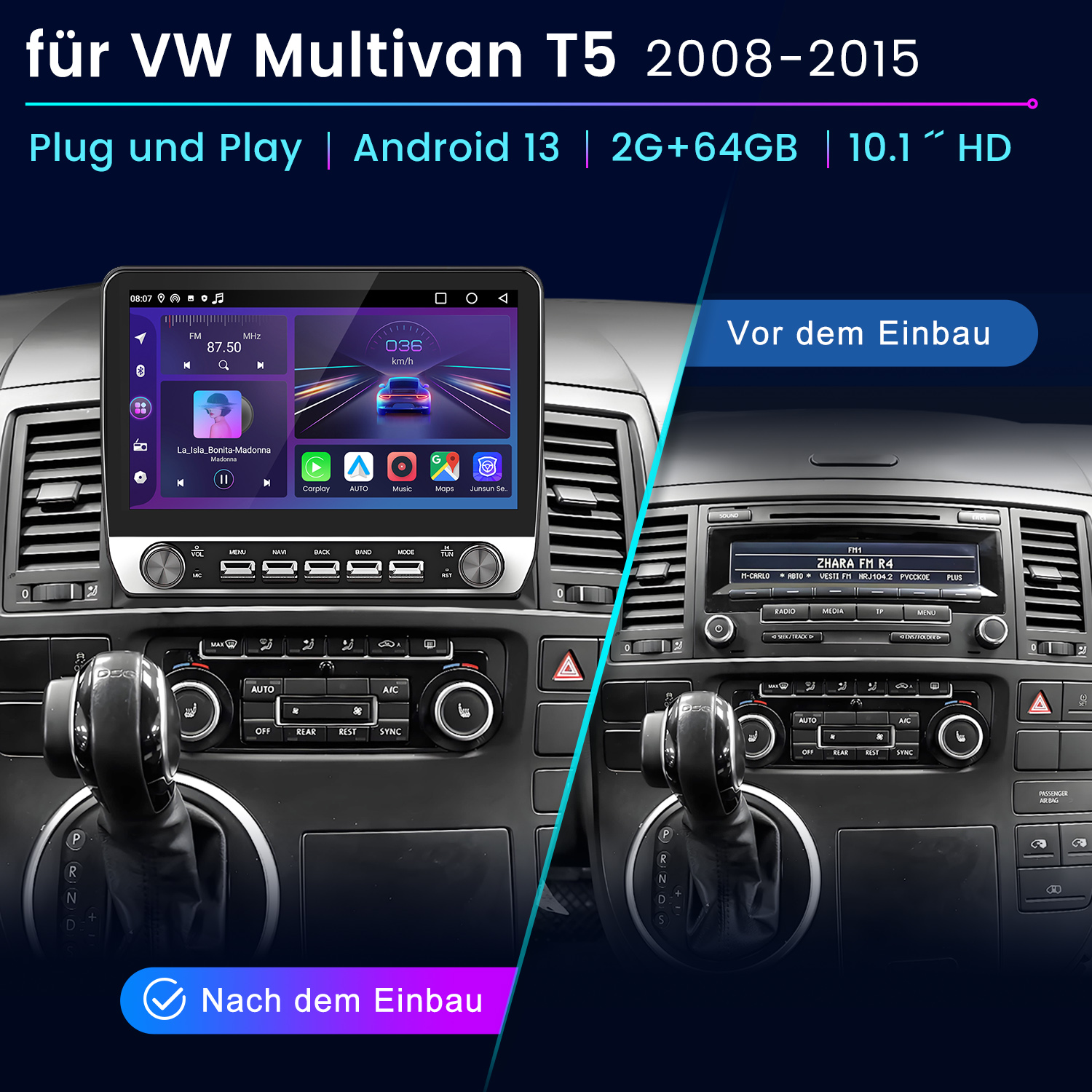 Armaturenbrett mit Bildschirm, der Navigation anzeigt, und das alte Autoradio.