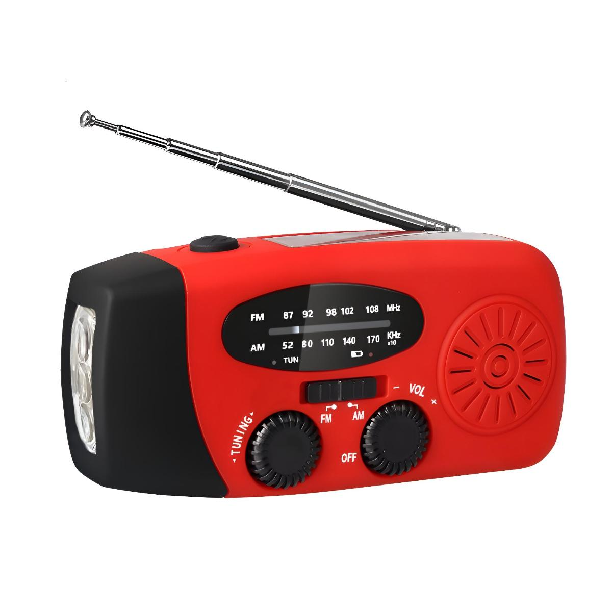 Rotes und schwarzes Radio mit Antenne. Hat Tuning- und Lautstärkeregler und eine Taschenlampe.