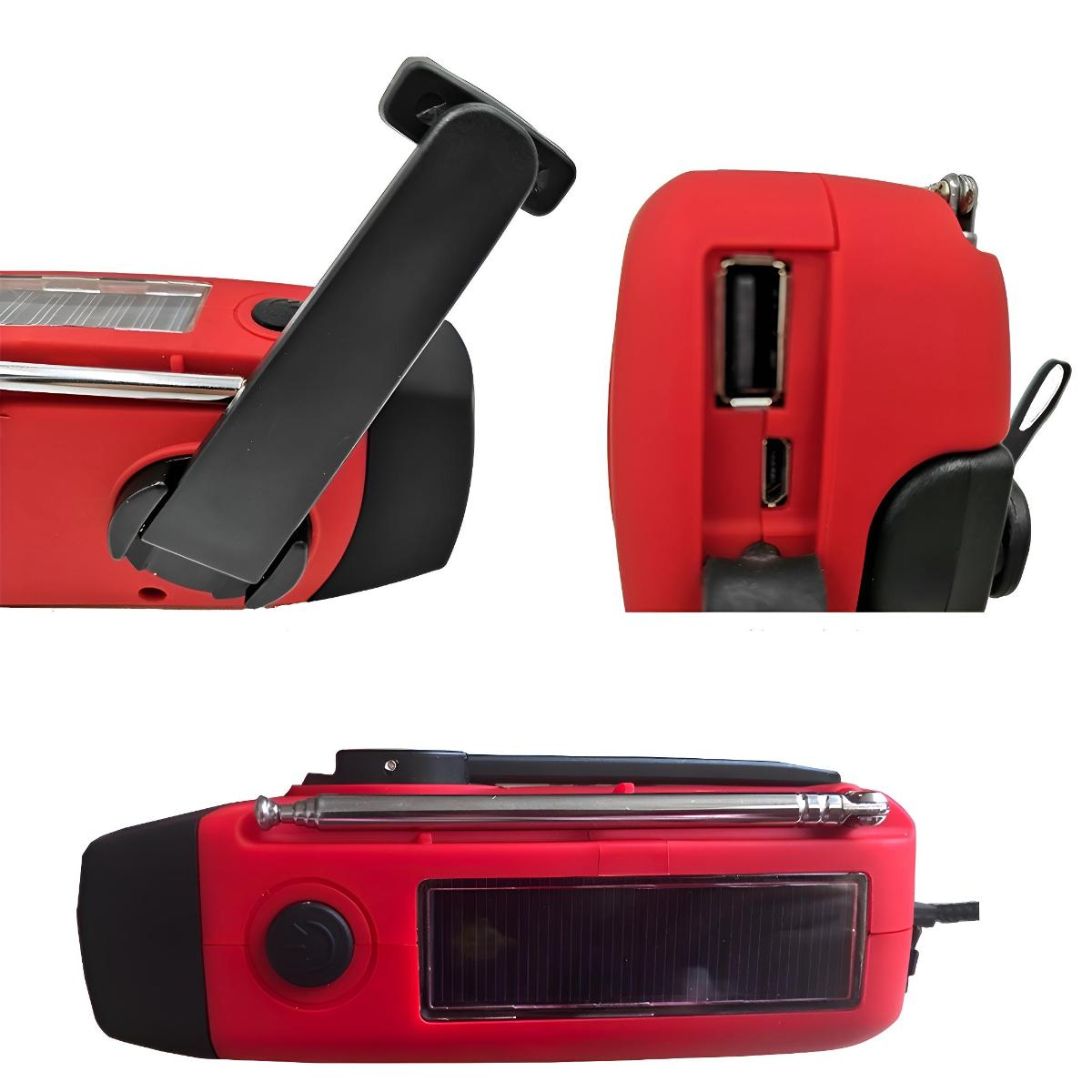 Drei Ansichten eines rot-schwarzen Kurbelradios. Es hat ein Solarpanel. Die Seite hat Anschlüsse.
