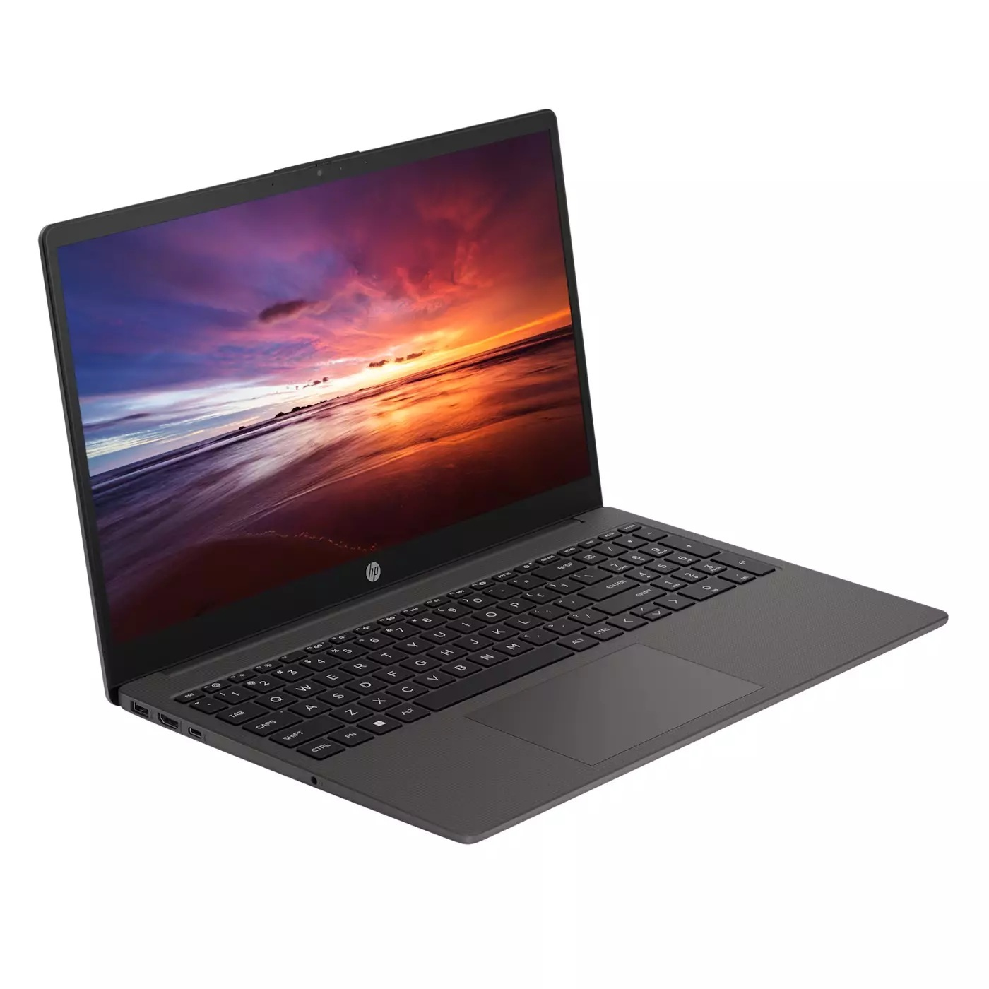Laptop mit schwarzer Tastatur, geöffnet auf weißem Hintergrund. Es hat eine Sonnenuntergangsszene auf dem Bildschirm.