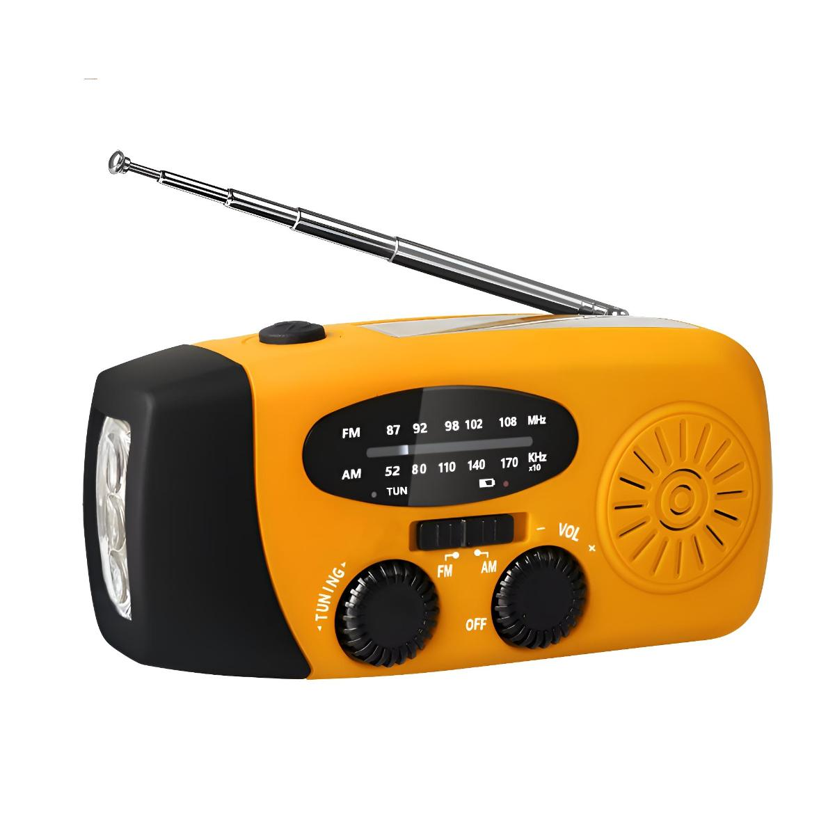 Gelbes und schwarzes Notfallradio mit Taschenlampe und Bedienelementen.
