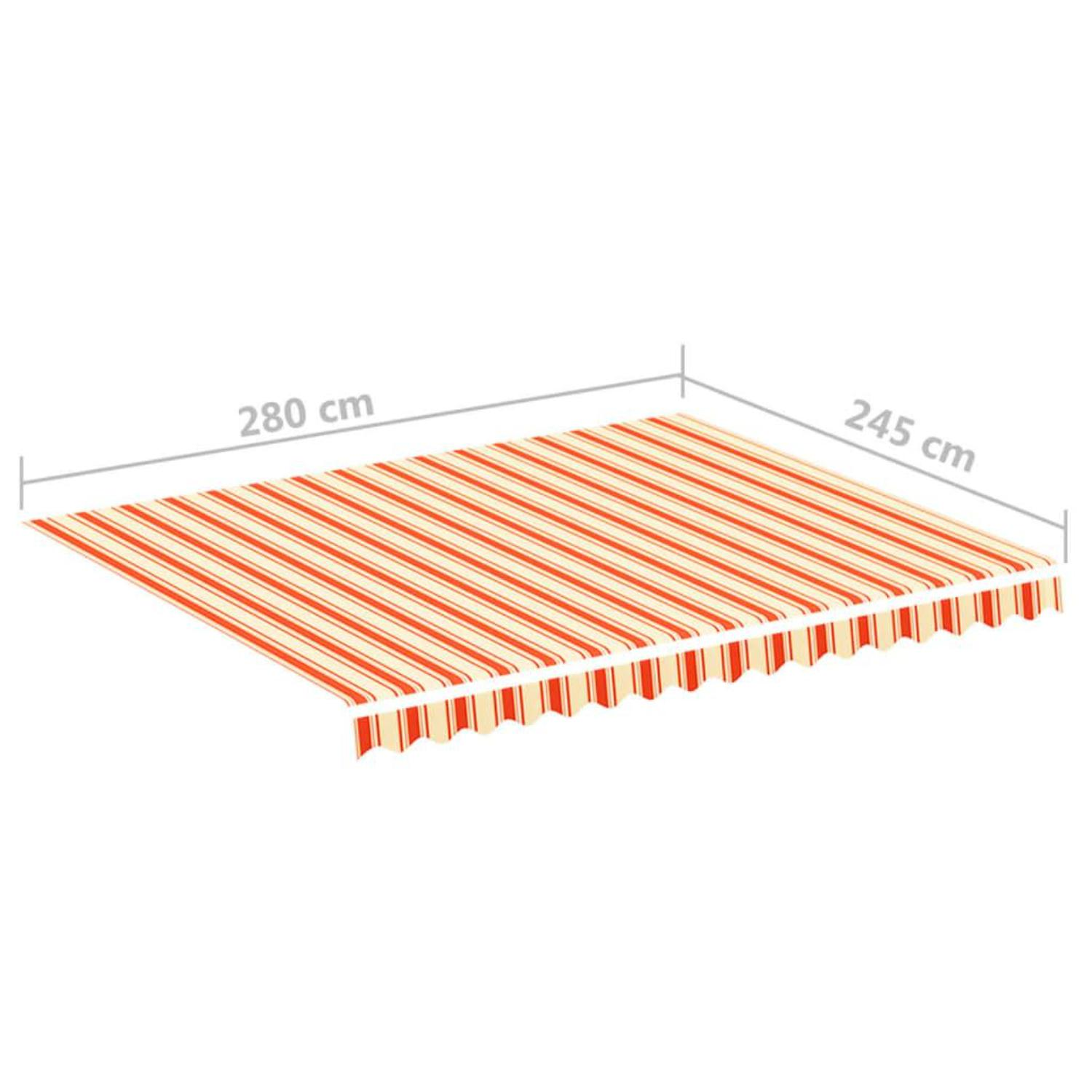 Eine gestreifte orange-weiße Markise mit den Maßen: 280 cm x 245 cm. Die Markise ist ausgefahren.
