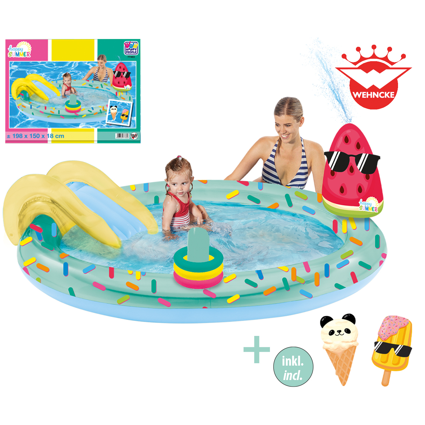 Ein aufblasbarer Pool mit Rutsche, einer Frau, einem Kind und verspielten Accessoires. Es hat ein Wassermelonen-Design.