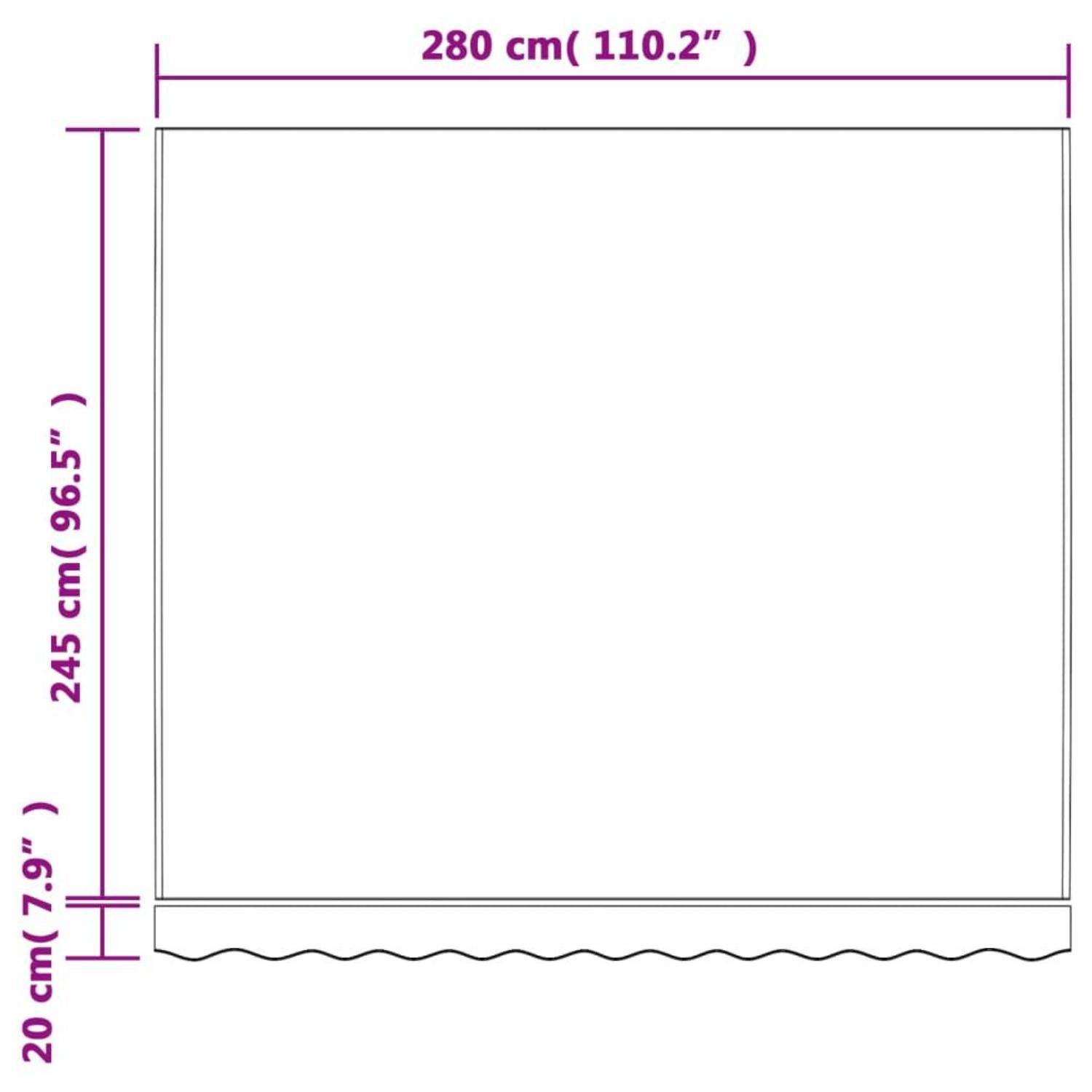 Ein rechteckiger Sonnenschutz mit den Maßen 280 cm x 245 cm und 20 cm. Der Sonnenschutz ist ausgefahren, weißer Hintergrund.