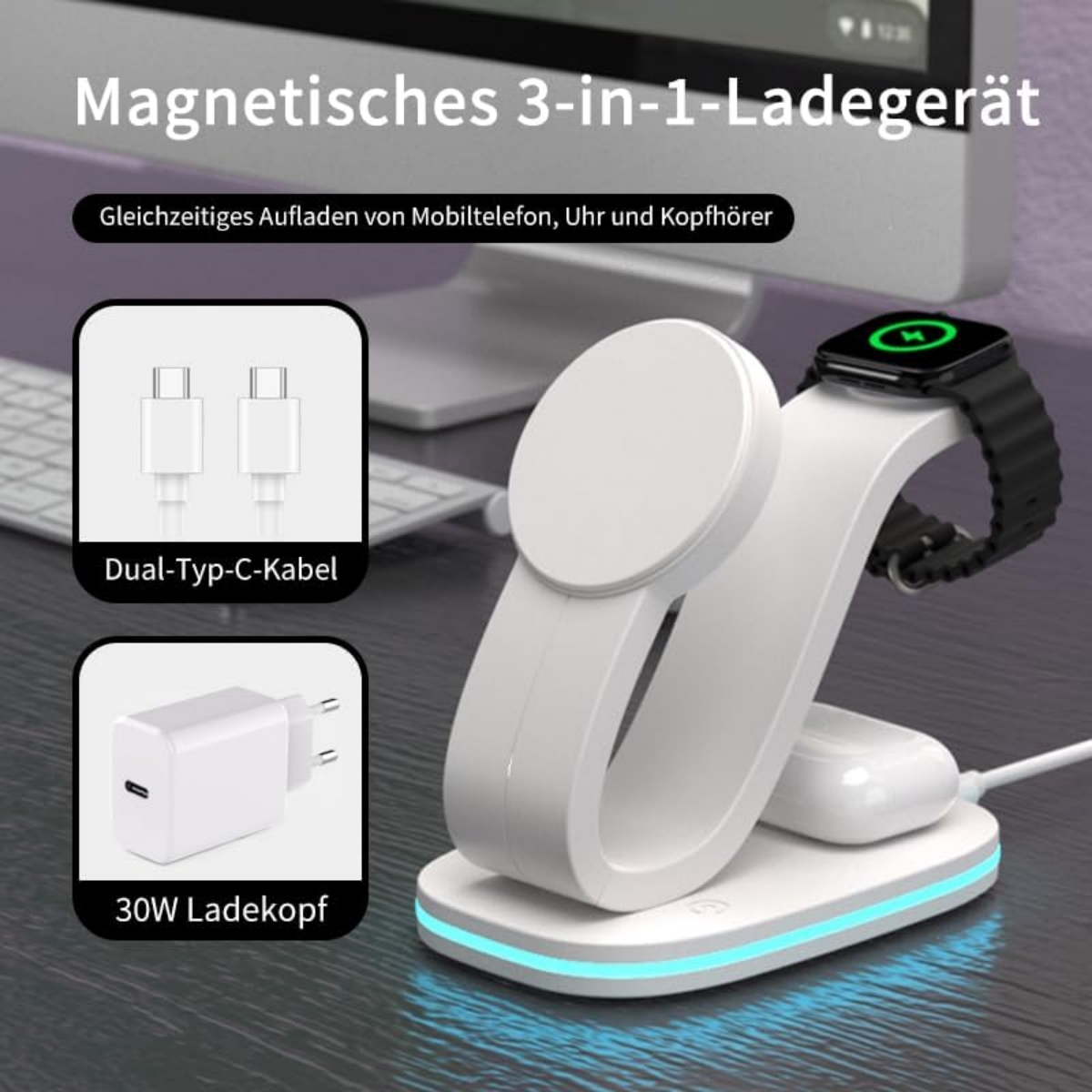 Weiße Ladestation mit Kabeln, Telefon, Uhr und Ladegerät.