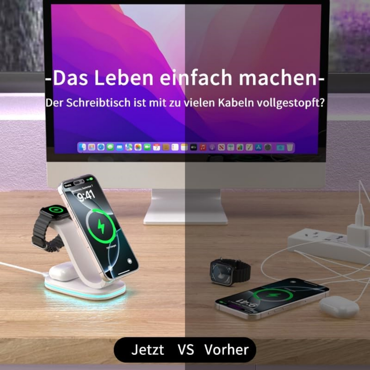 Ladestation mit Telefon und Uhr, Vorher-Nachher-Ansicht eines ordentlichen Schreibtischs.