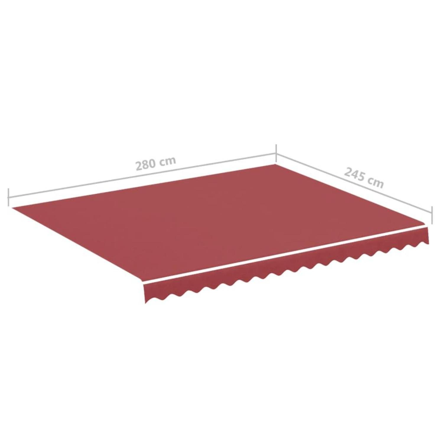 Roter Markisenstoff, Maße angegeben, mit weißem, wellenförmigem Rand.