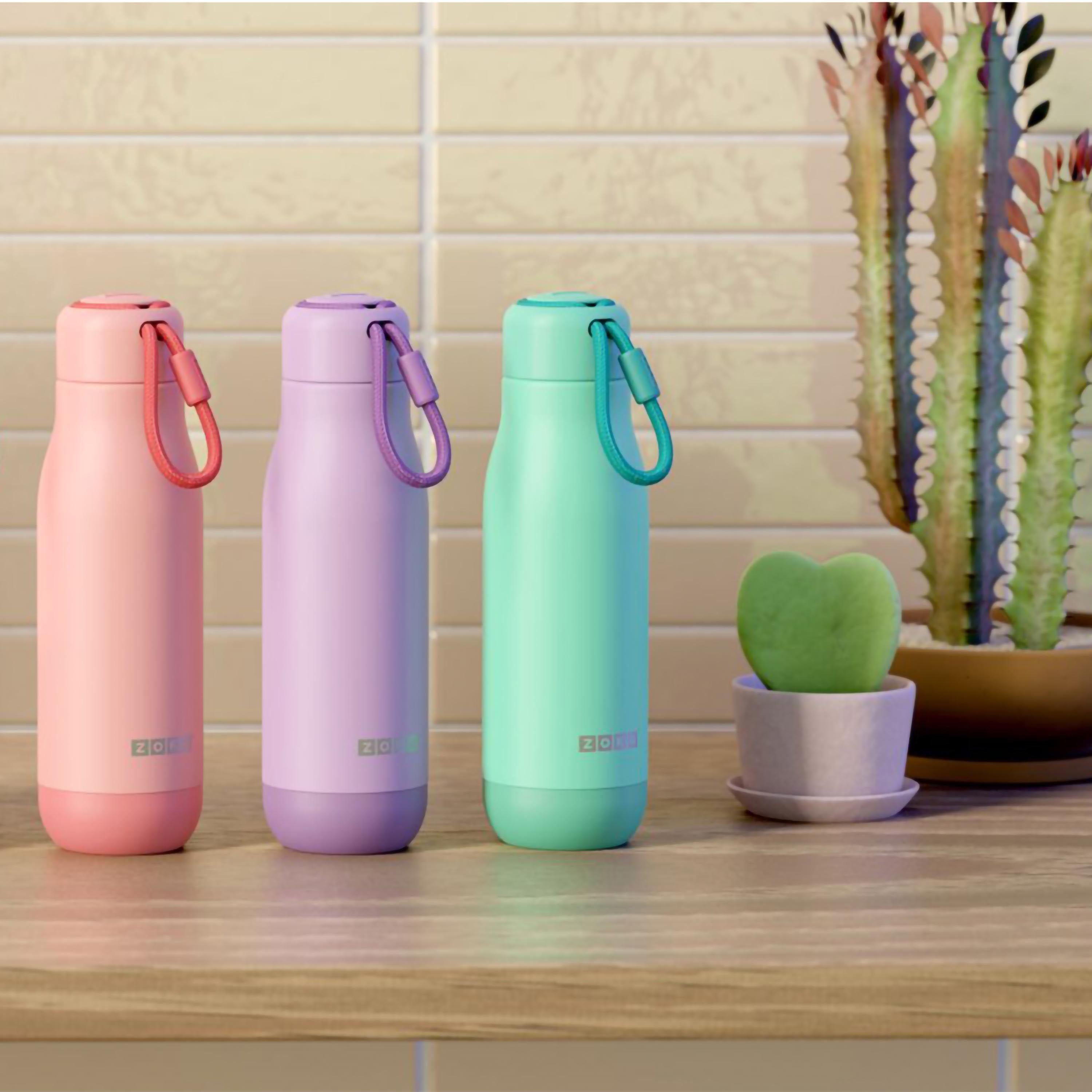 Drei Zoku-Wasserflaschen in Rosa, Lila und Grün. Eine herzförmige Pflanze steht rechts in einem kleinen Topf.