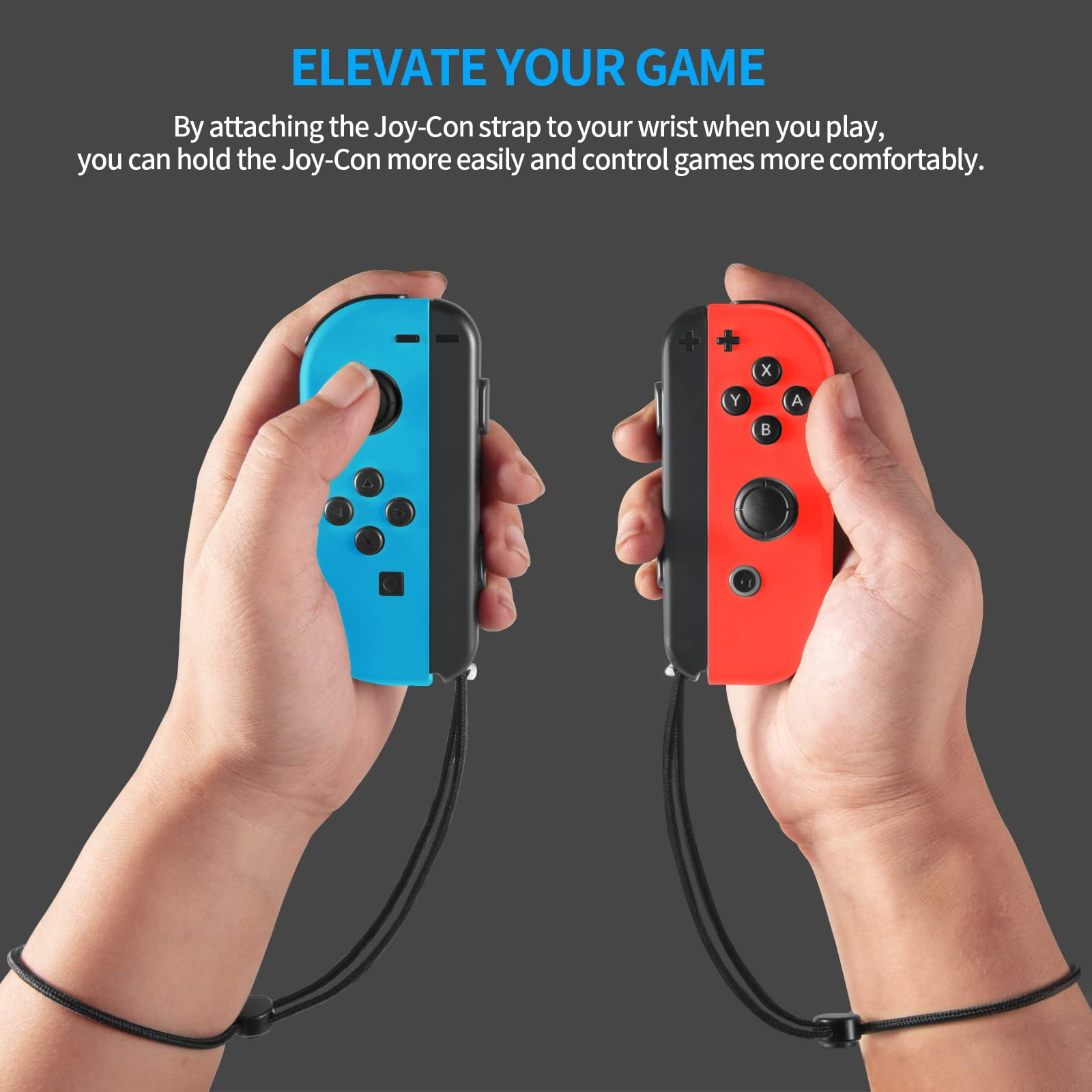 Hände halten blaue und rote Nintendo Switch Joy-Cons mit angebrachten Handgelenkschlaufen vor dunklem Hintergrund.