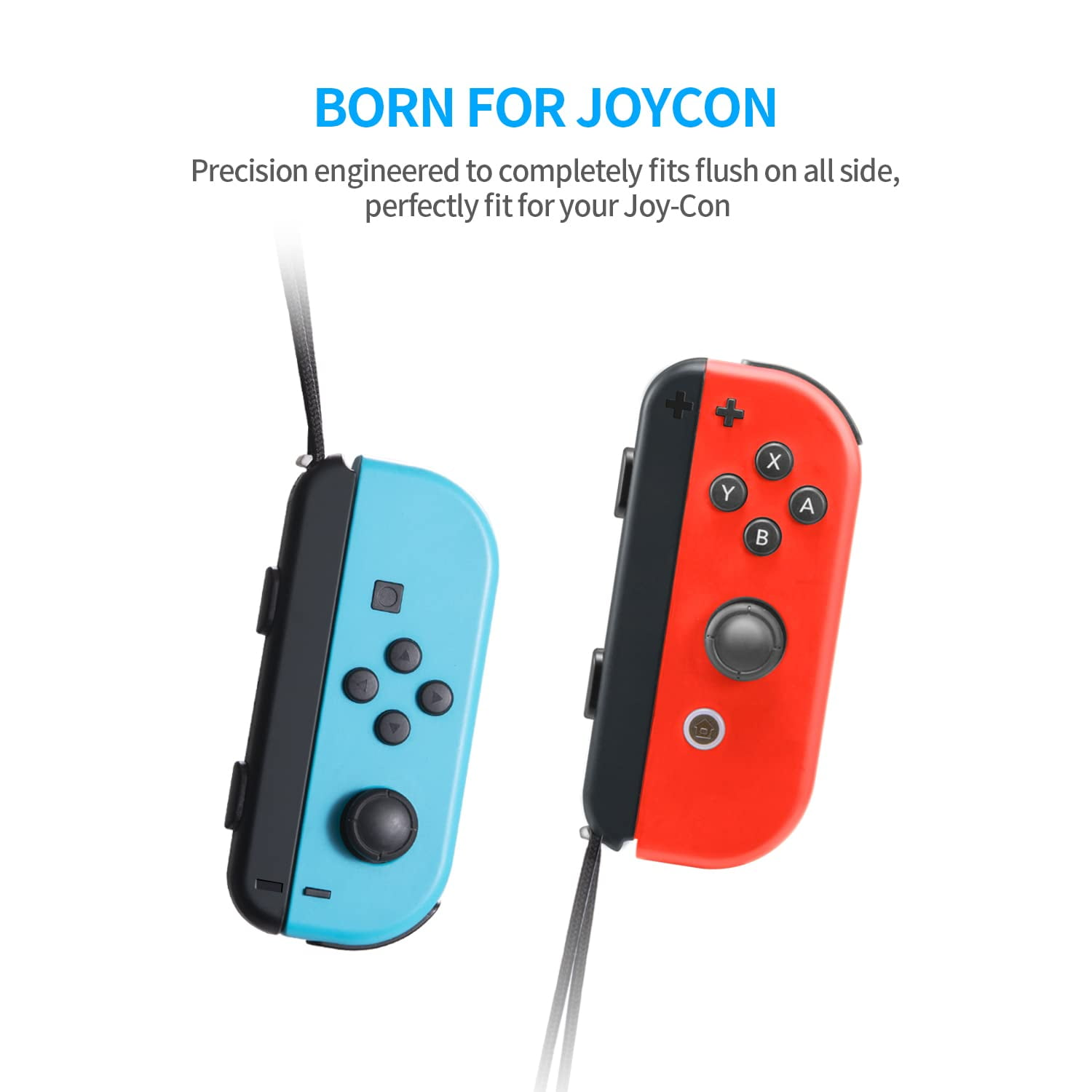 Zwei Gamecontroller, blau und rot, mit Schlaufen, vor weißem Hintergrund.