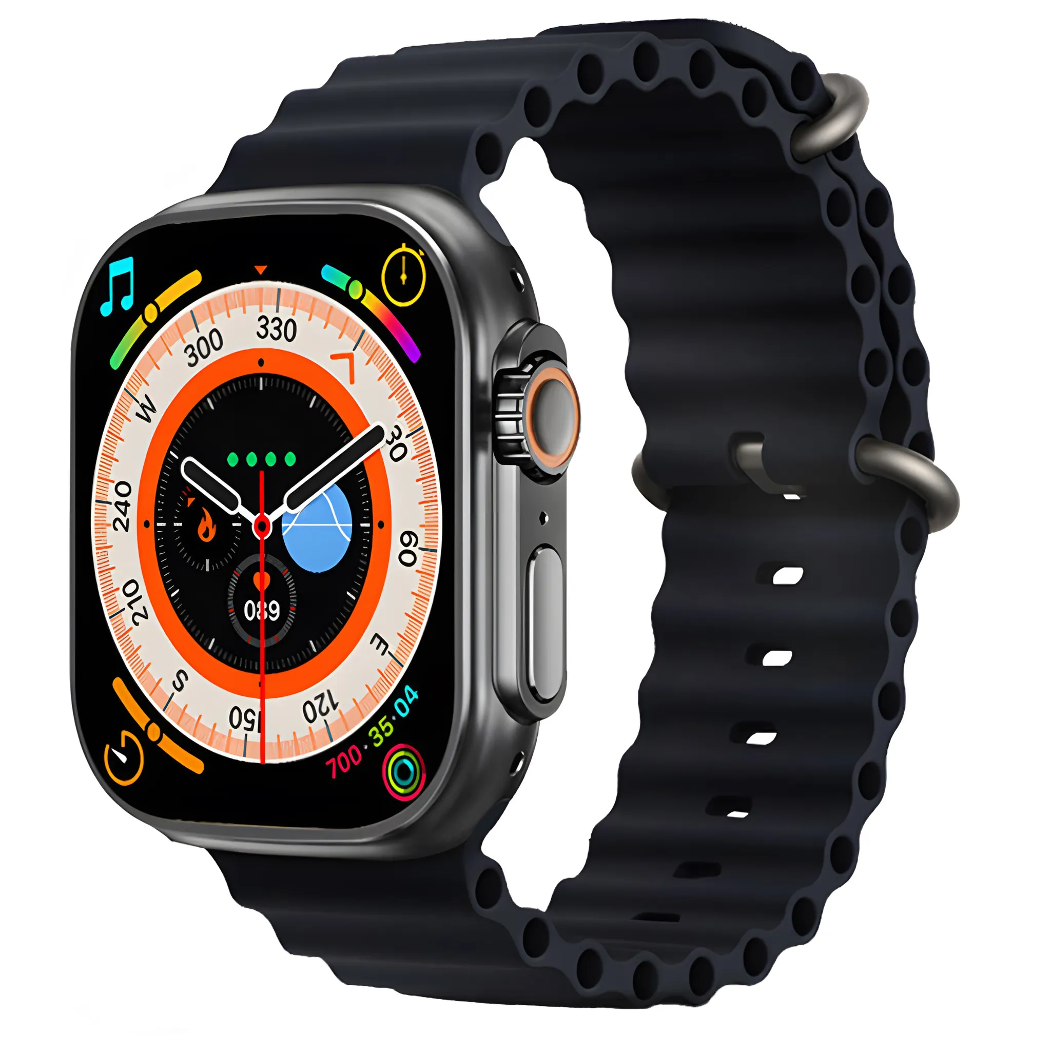 Eine Smartwatch mit schwarzem Armband. Das Zifferblatt zeigt Zeit und andere Daten.