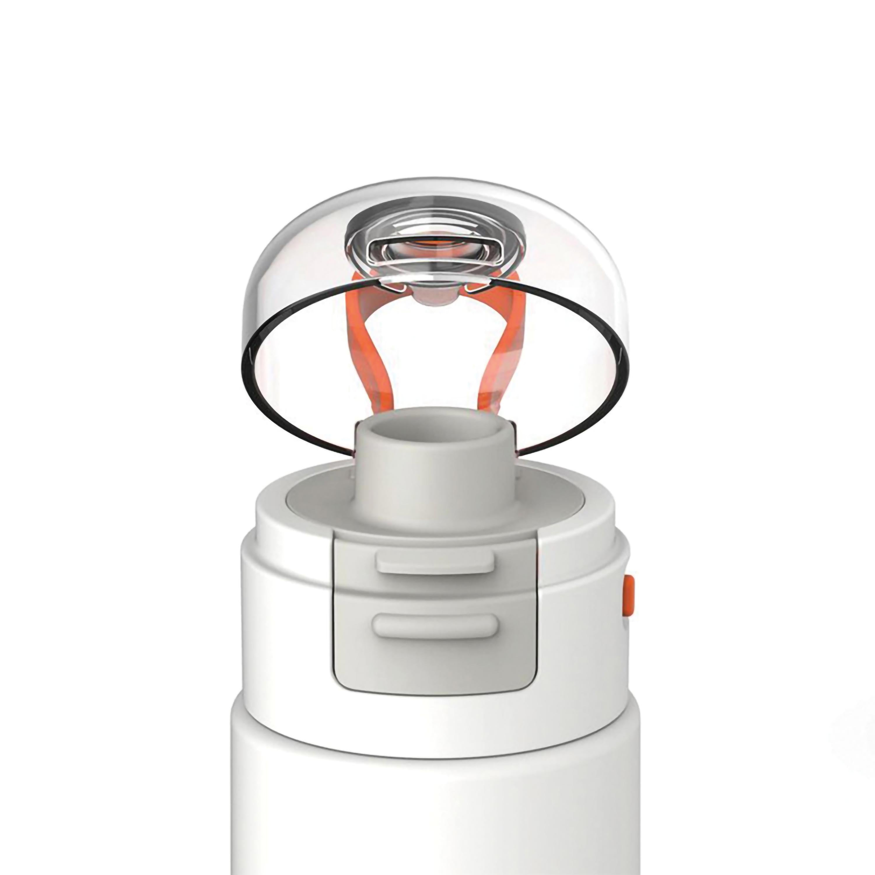 Nahaufnahme einer weißen Wasserflasche mit transparentem Deckel und orangefarbenen Akzenten.