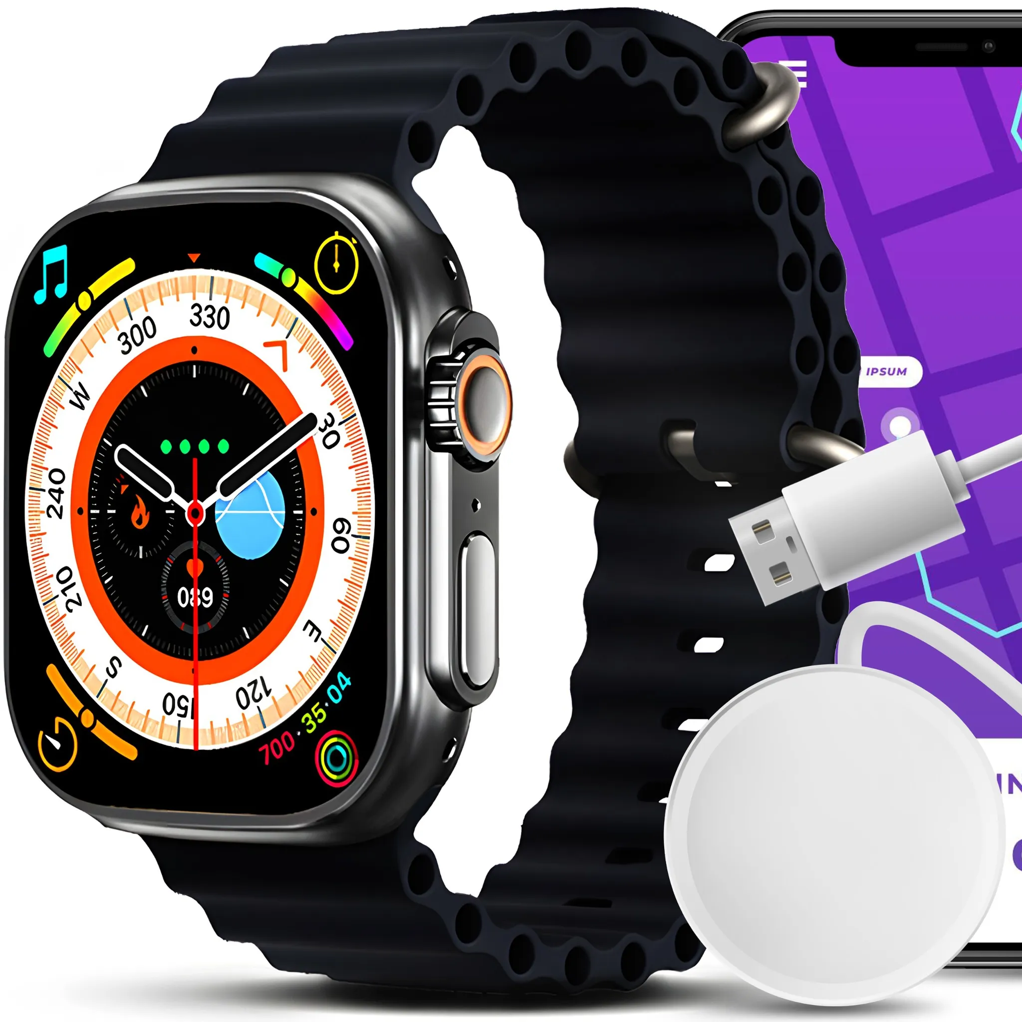 Eine Smartwatch mit schwarzem Armband und eine Ladestation mit einem Telefon, das eine Navigationskarte zeigt, vor weißem Hintergrund.