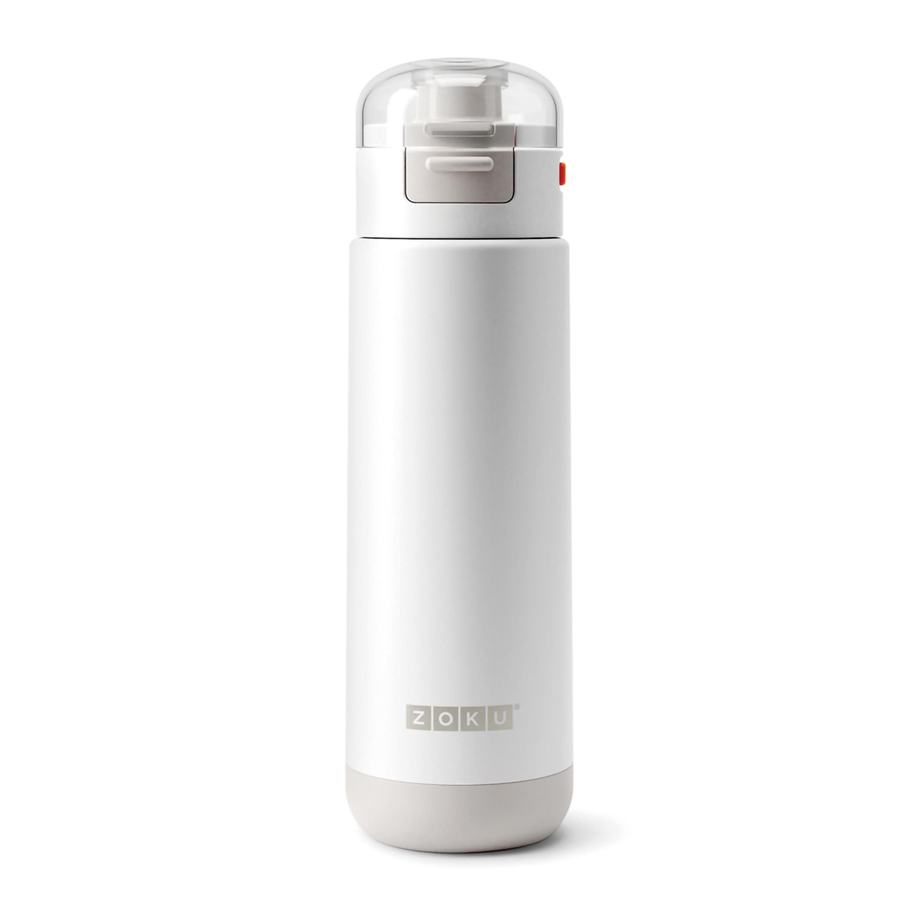 Weiße Wasserflasche mit grauem Boden und durchsichtigem Deckel. ZOKU Logo ist sichtbar.