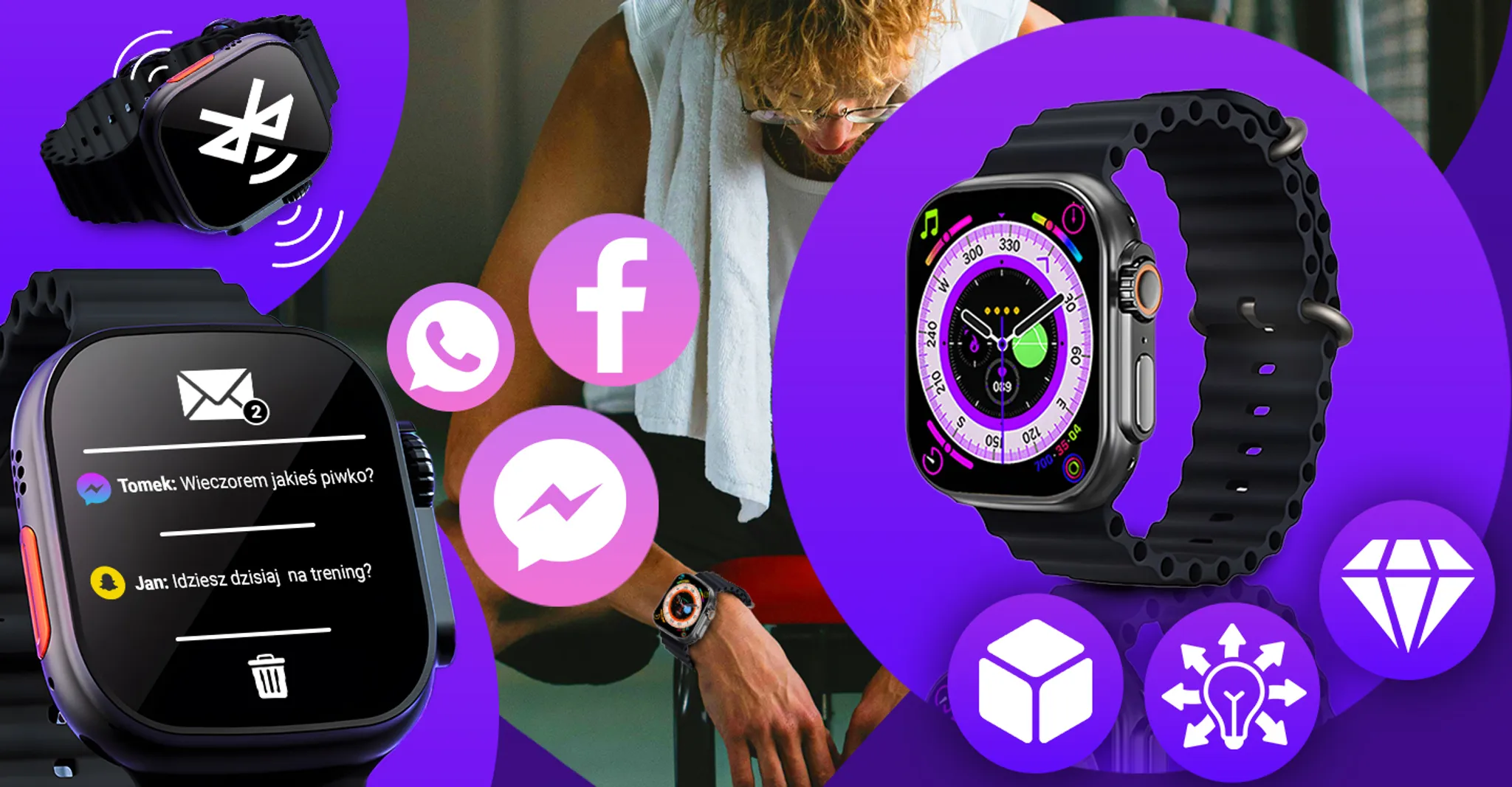Smartwatch mit Benachrichtigungen, Social-Media-Symbolen und Trainingsgrafiken, die Uhr am Handgelenk und auf einem Tisch.