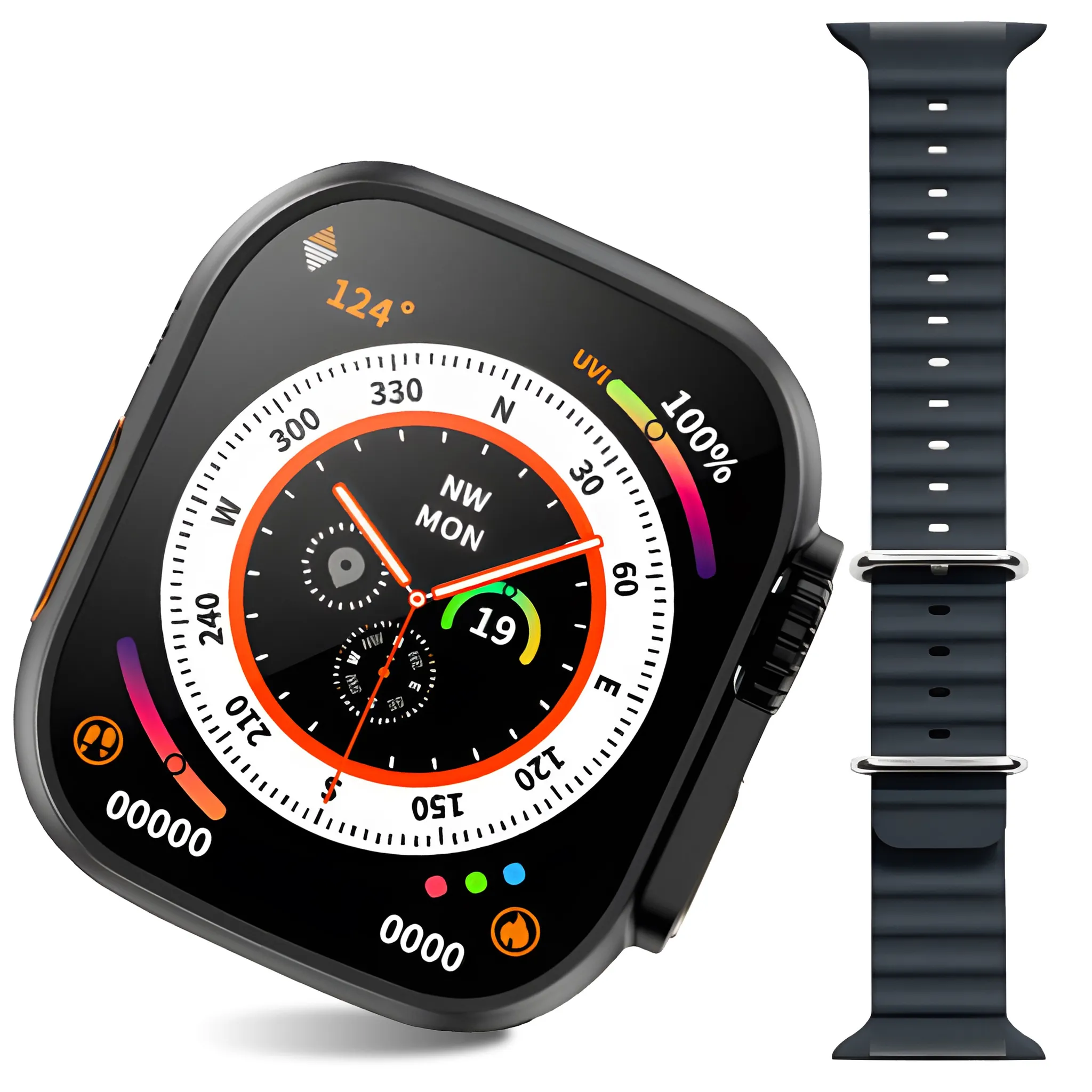 Schwarze Smartwatch mit schwarzem Armband, das Display zeigt Zeit, Kompass und andere Daten.