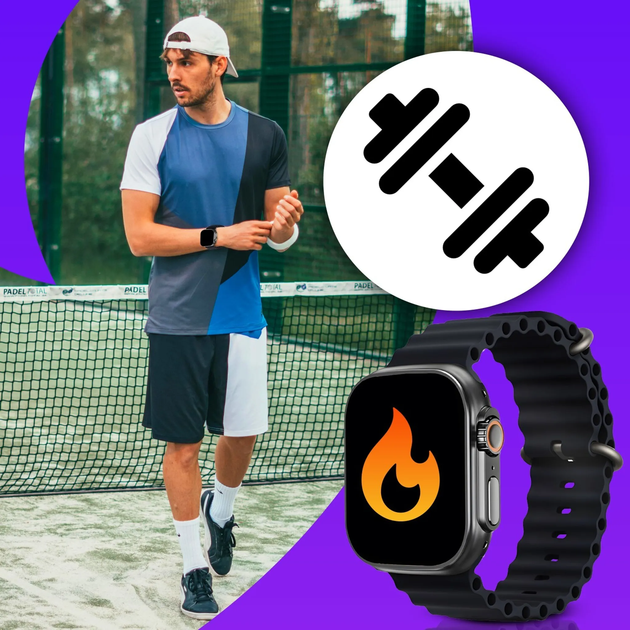 Mann in Sportkleidung geht in der Nähe eines Tennisnetzes. Gym-Uhrensymbol befindet sich rechts.