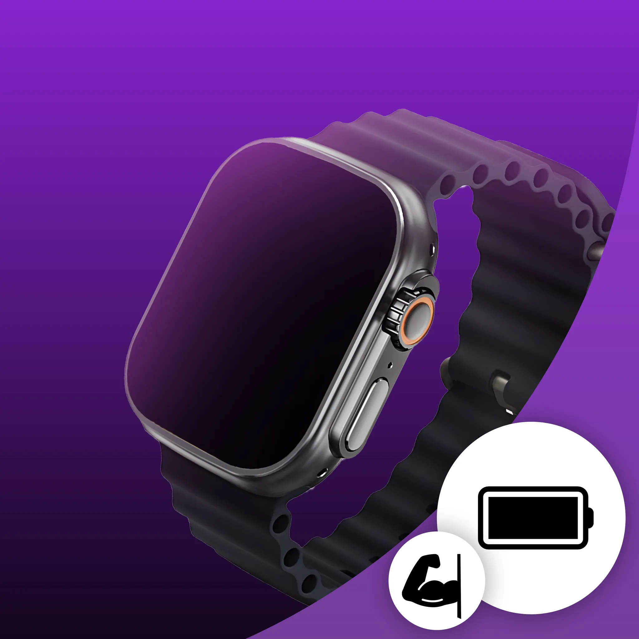 Schwarze Smartwatch mit dunklem Bildschirm und schwarzem Armband. Ein Akkusymbol wird angezeigt.