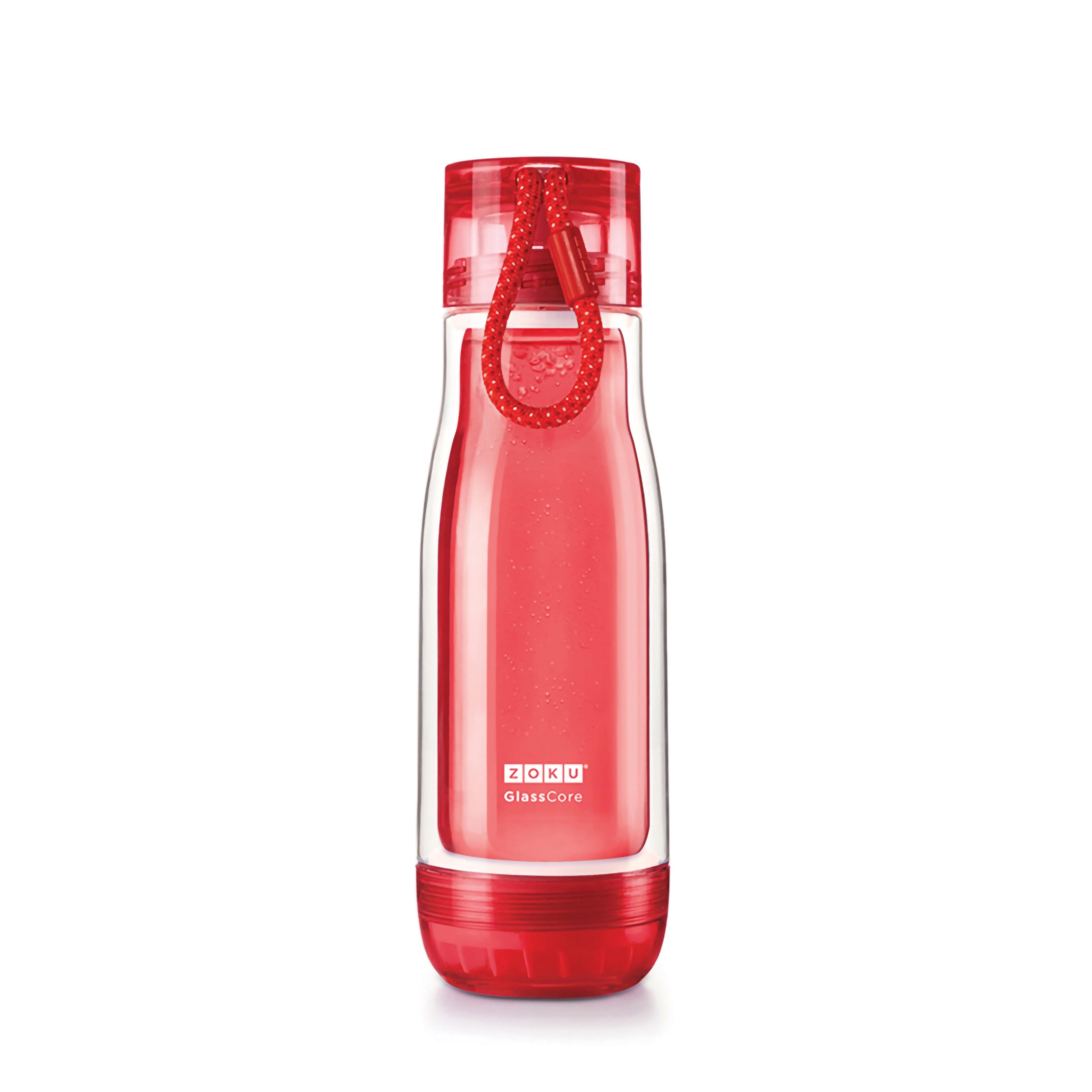 Rote doppelwandige Glas-Wasserflasche mit rotem Deckel und weißer Kordel.