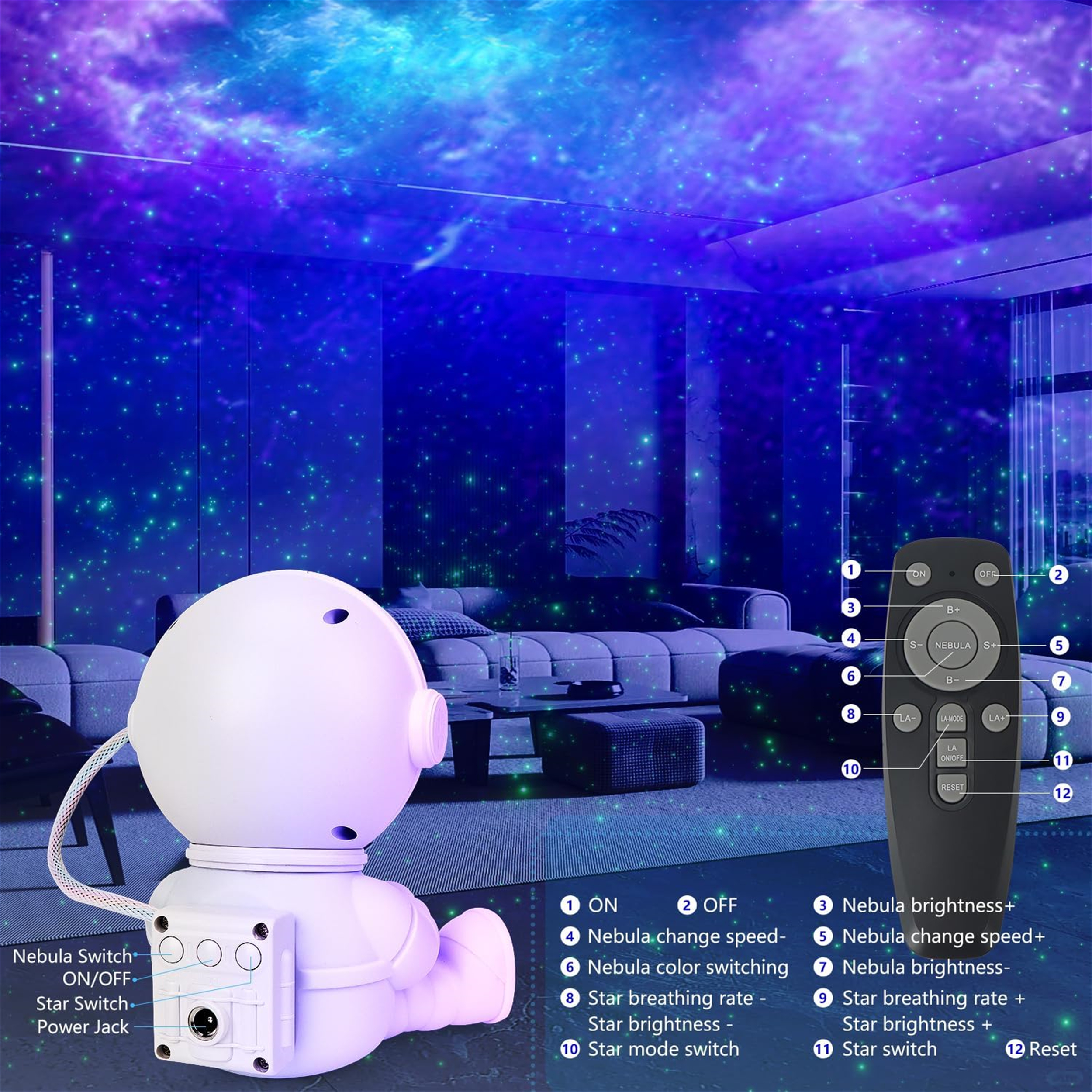 Astronautenprojektor auf Couch, projiziert Nebel und Sterne.