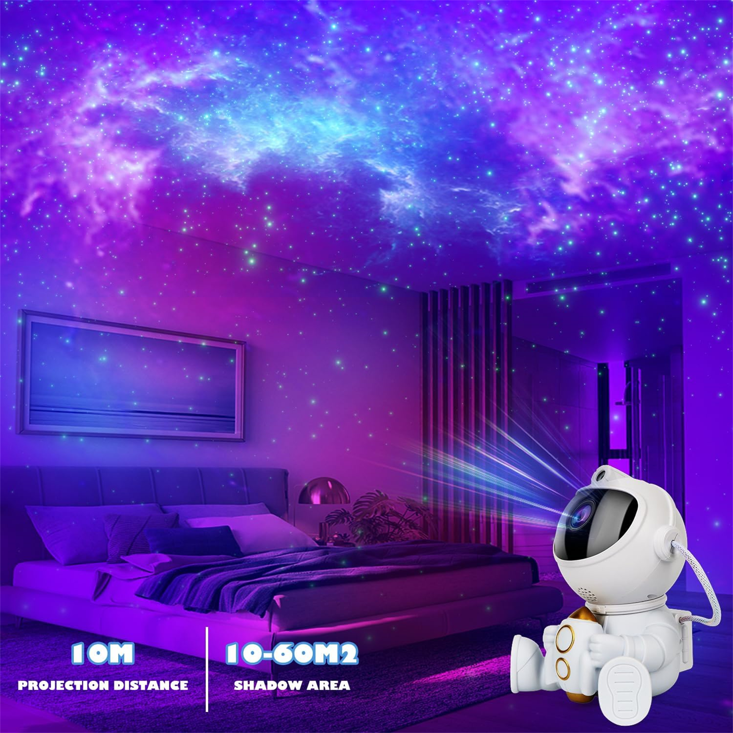 Astronautenprojektor, der Nebel und Sterne in einem Schlafzimmer projiziert.