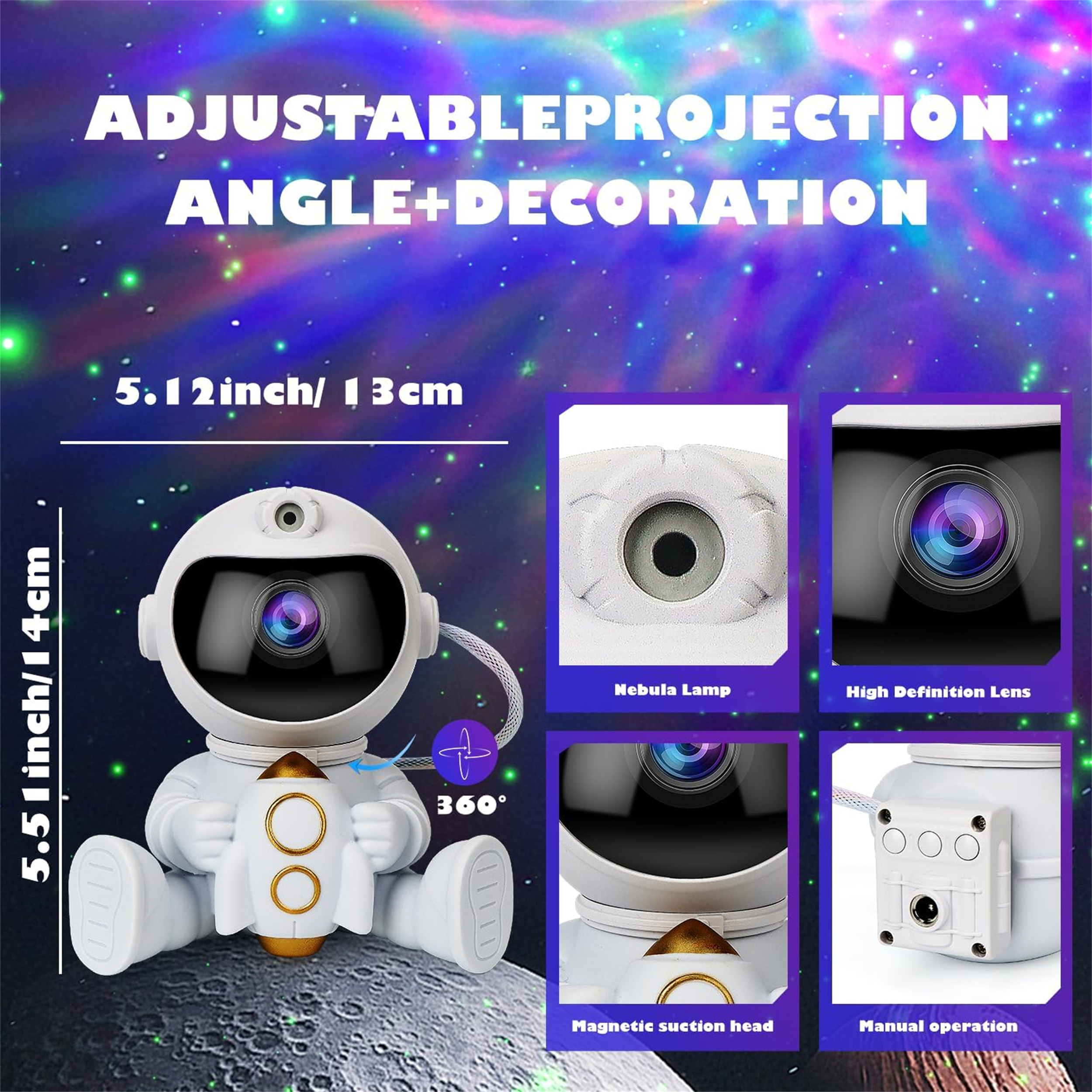 Weißer Astronautenprojektor auf Mond, zeigt einstellbaren Projektionswinkel.
