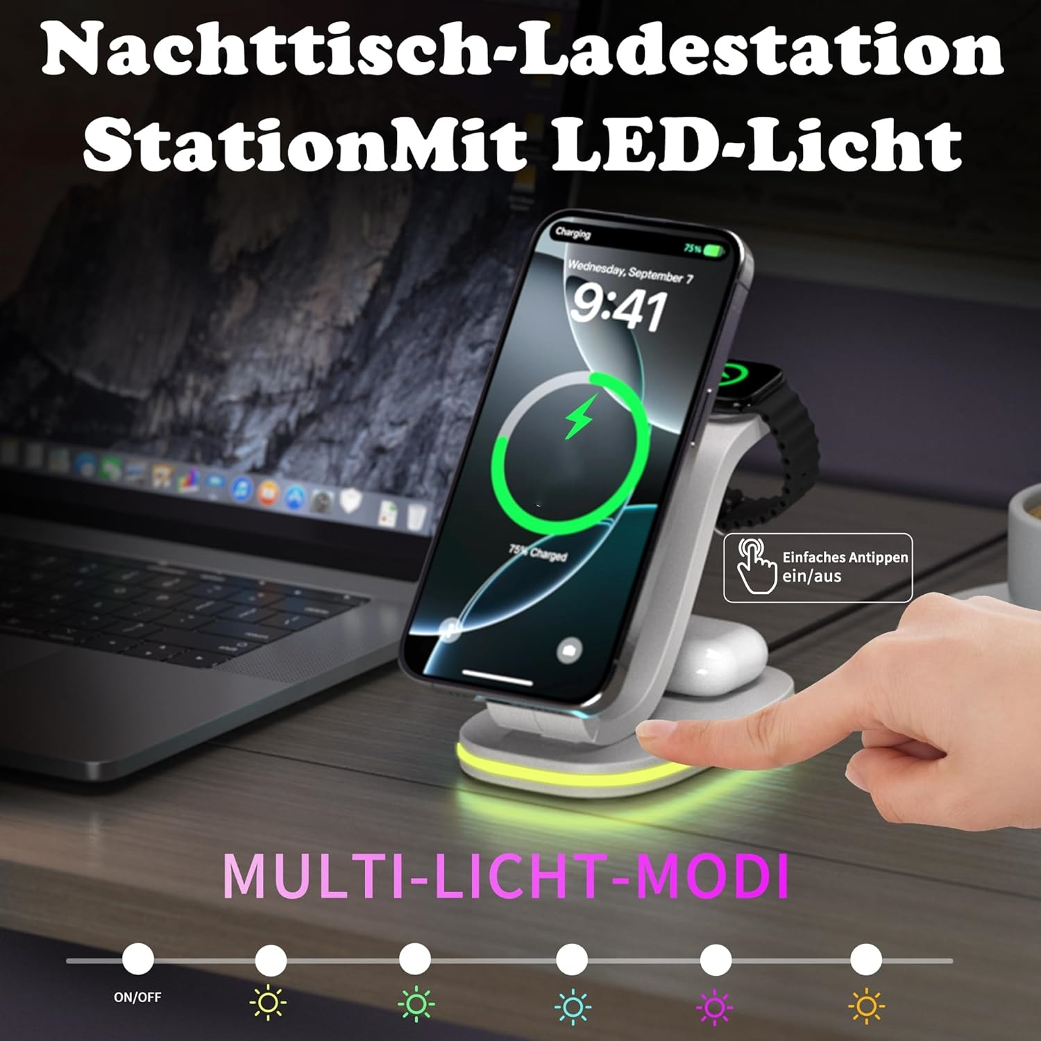 Ladestation mit Telefon und Uhr, zeigt verschiedene Lichtmodi.