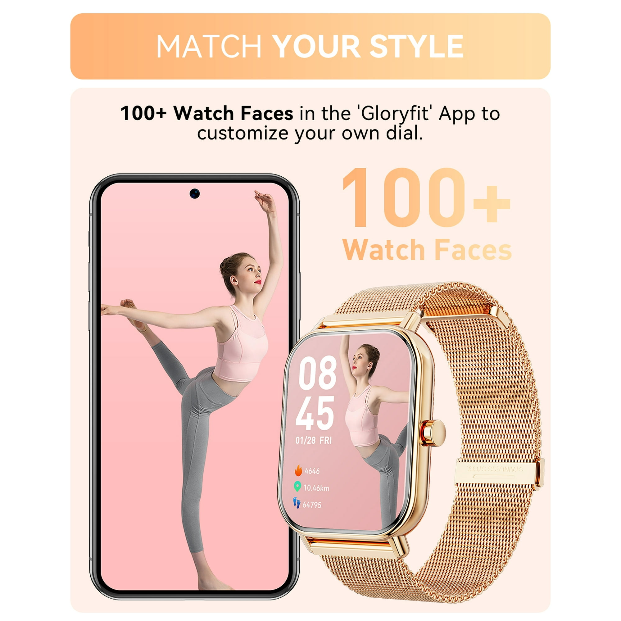 Eine Frau, die Yoga auf einem Telefonbildschirm und einer goldenen Smartwatch macht.