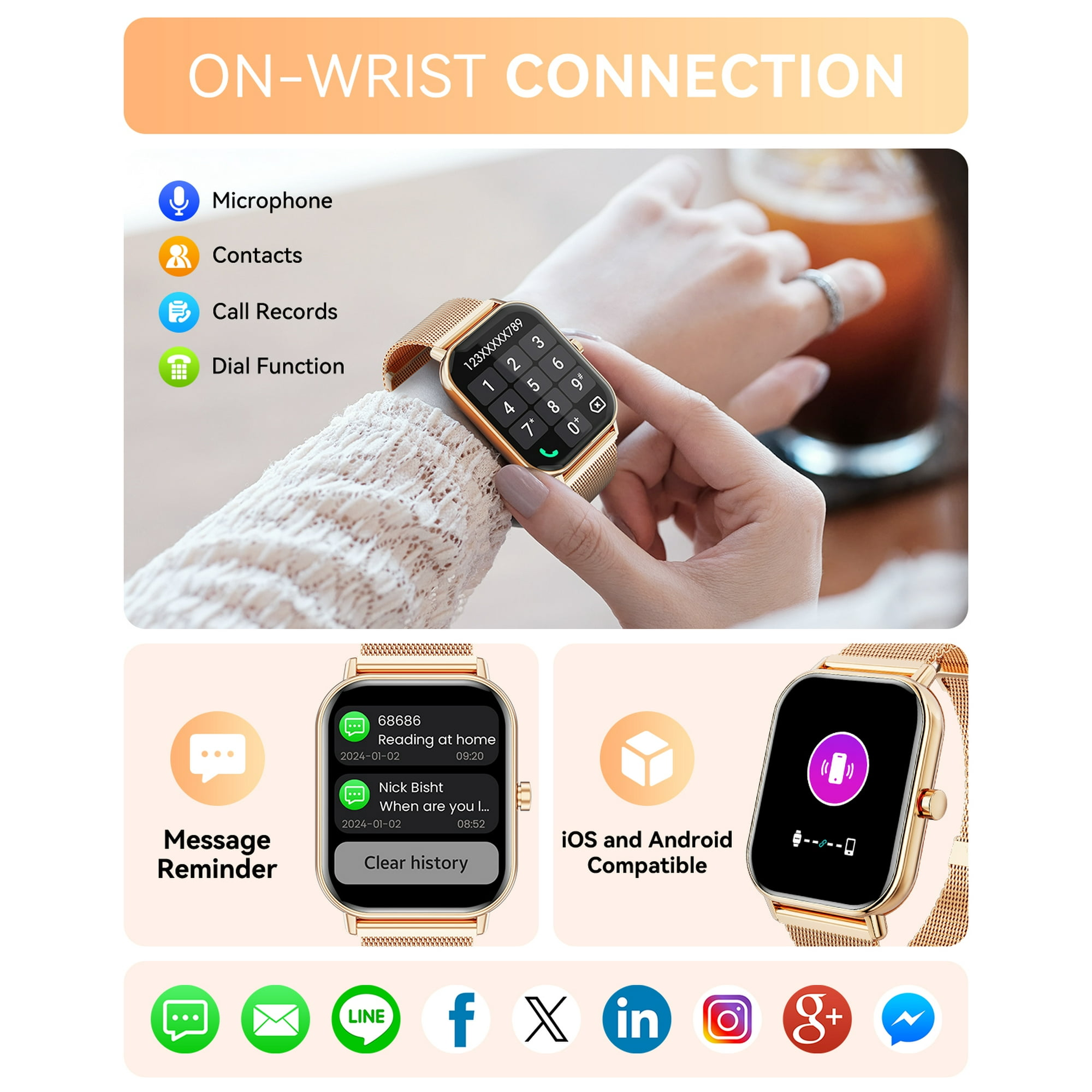 Eine Person, die eine goldene Smartwatch mit verschiedenen Funktionen trägt.